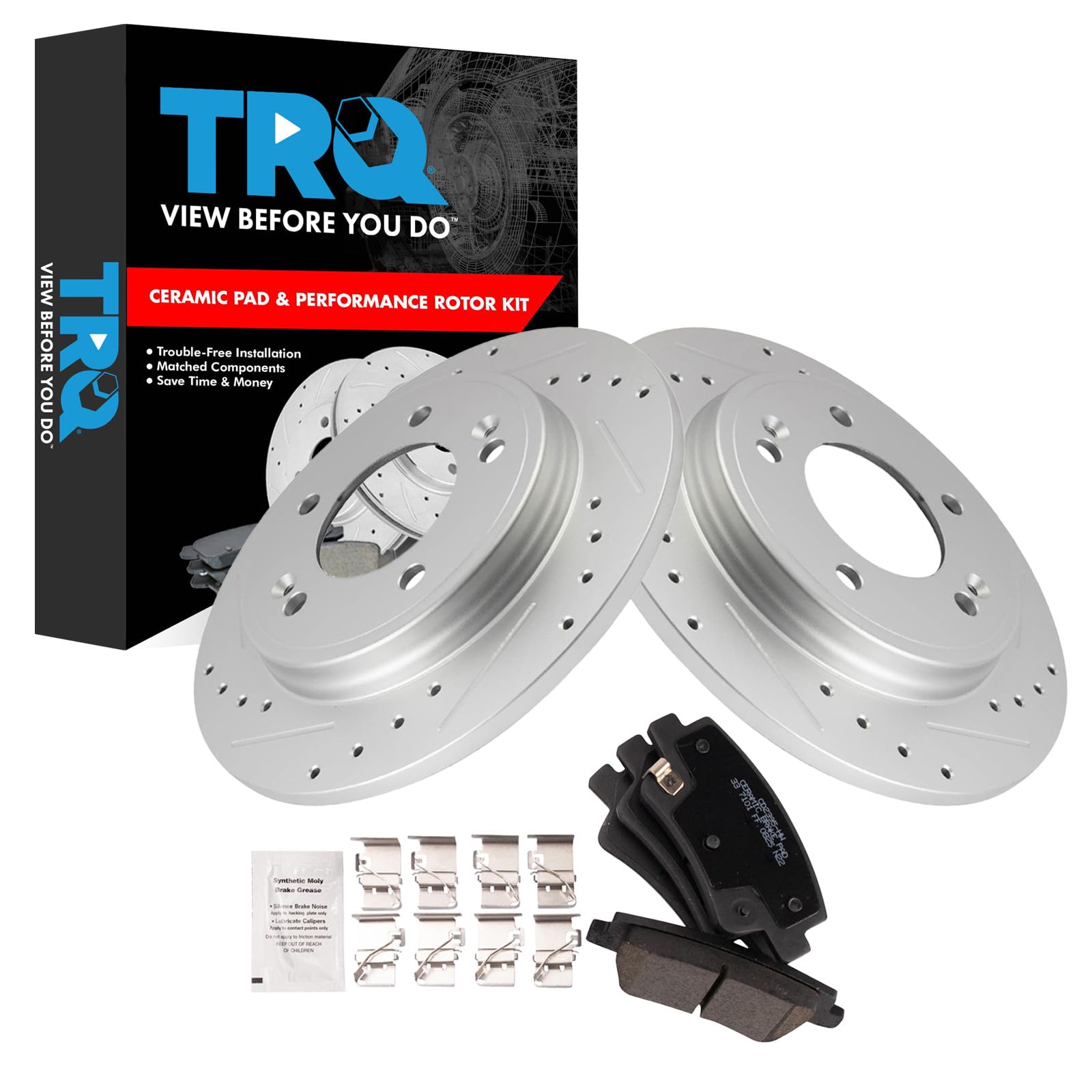 TRQ Performance Rear Brake Pad and Rotor Set Ceramic Coated Drilled Slotted Compatible with 2021-2023 Hyundai Elantra