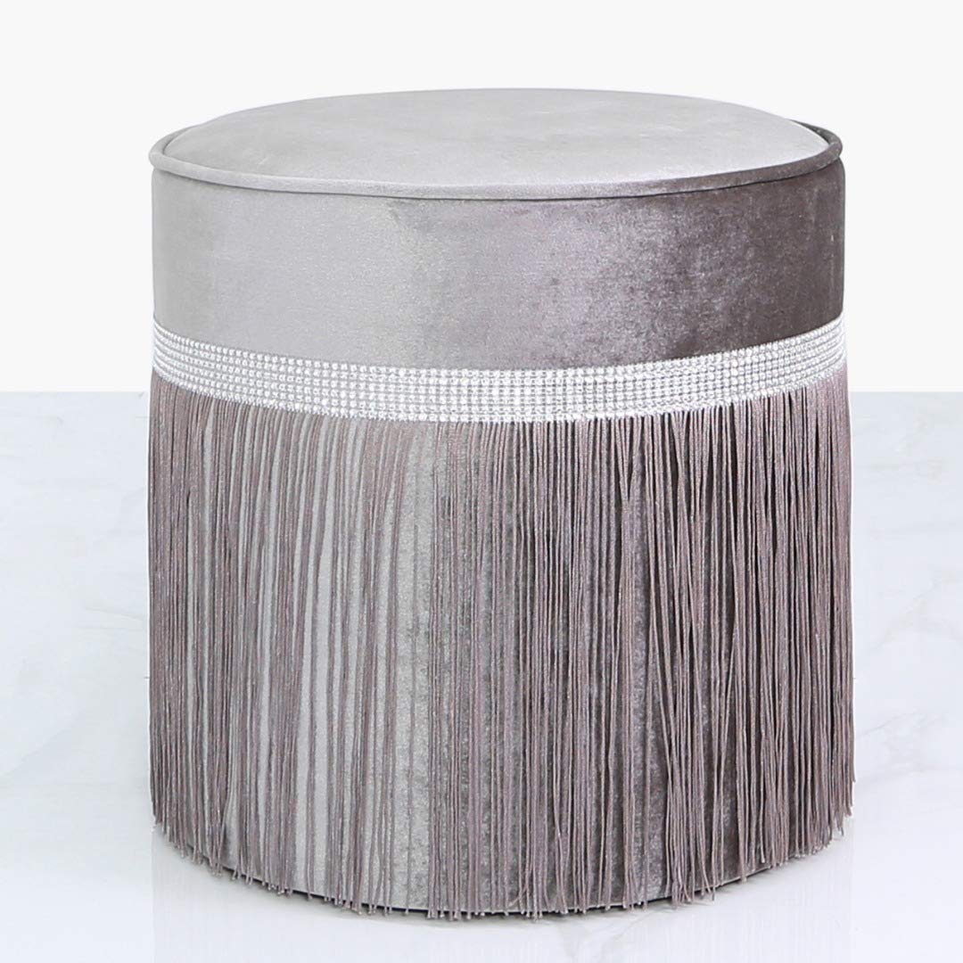 AngraveHomeGrey Velvet Fabric Round Sparkling Diamante Tassel Dressing Bedroom Stool
