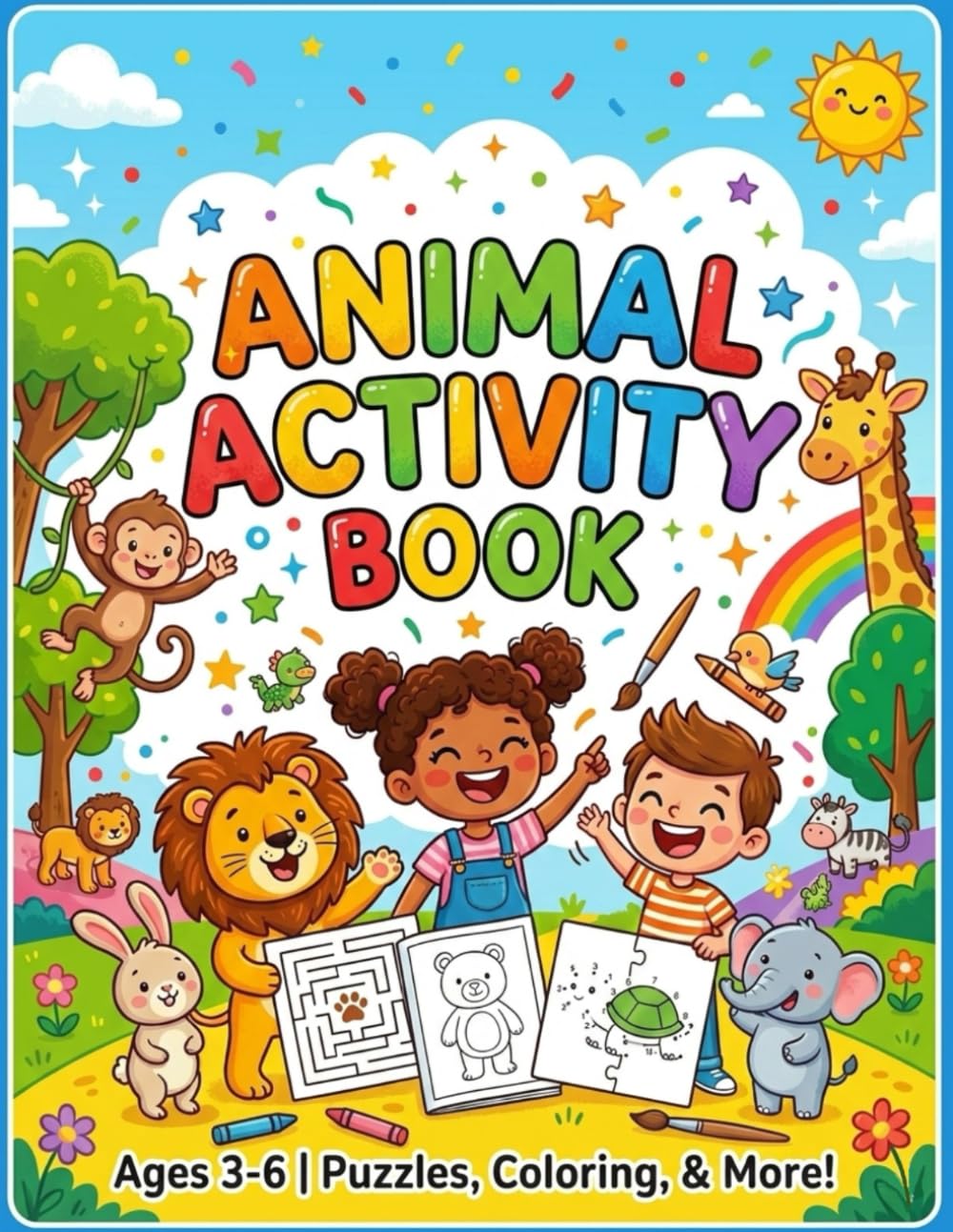 Animal activity book: Coloring Pages, Mazes, Dot-to-Dot, Word Search & Fun Learning Puzzles 3-6