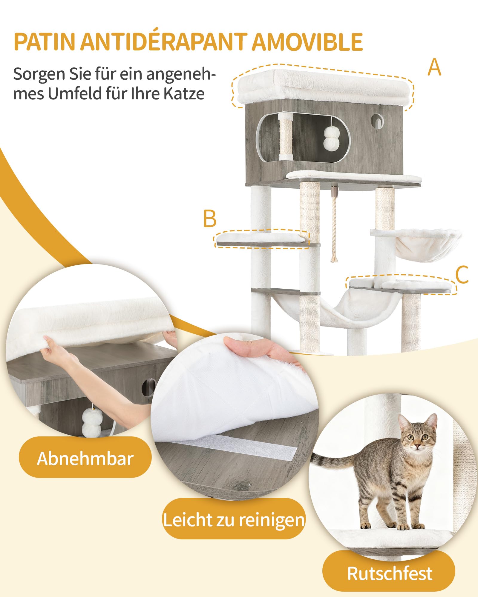 Hzuaneri Kratzbaum, Katzenbaum mit Katzenklo Schrank, 176 cm Hoch, Greige | Futterstation, 176 cm Hoch, mit großer Plattform, Sisalseil, Hängematte, Waschbares Kissen, Plüschbälle, Greige CB89105WT