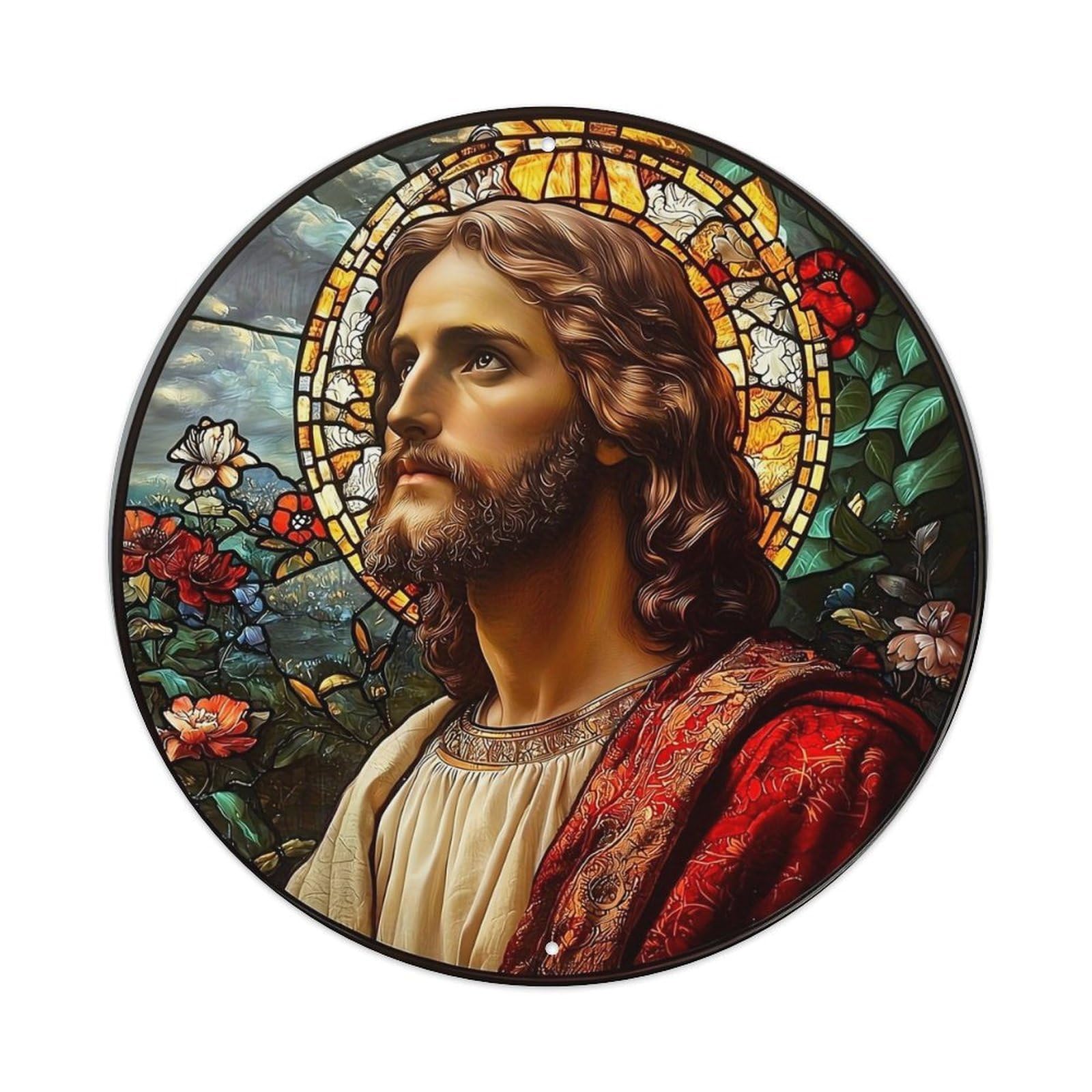 Stained Glass Jesus Portrait Art Vintage Metal Tin Sign Retro Wall Decor for Home Bar Garage Cafe, Indoor & Outdoor Decorative，circle Metal Poster, 8x8 Inch