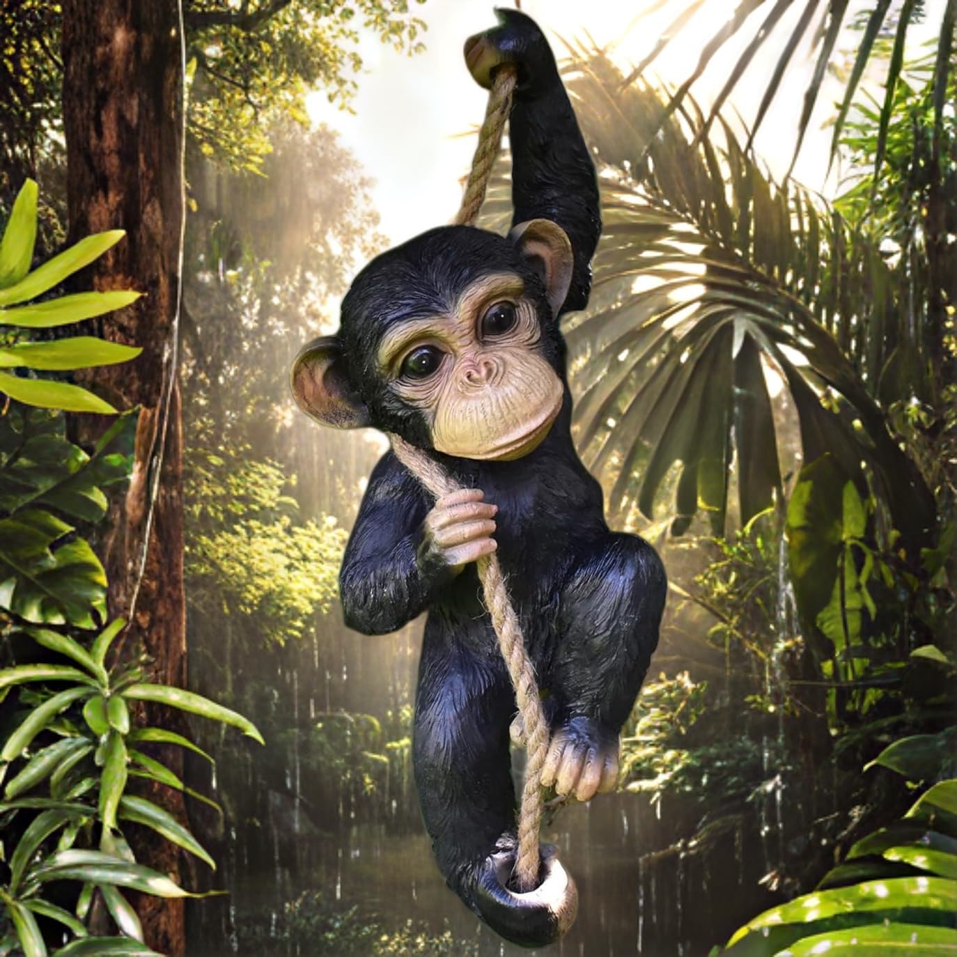 Climbing Monkey 43cm Hanging On Rope Garden Tree Ornament Statue Sculpture Decoration animal Patio Yard Decorative Chimpanzee Figure Indoor Outdoor Lawn Yard Home Decor Gift (Black Monkey)