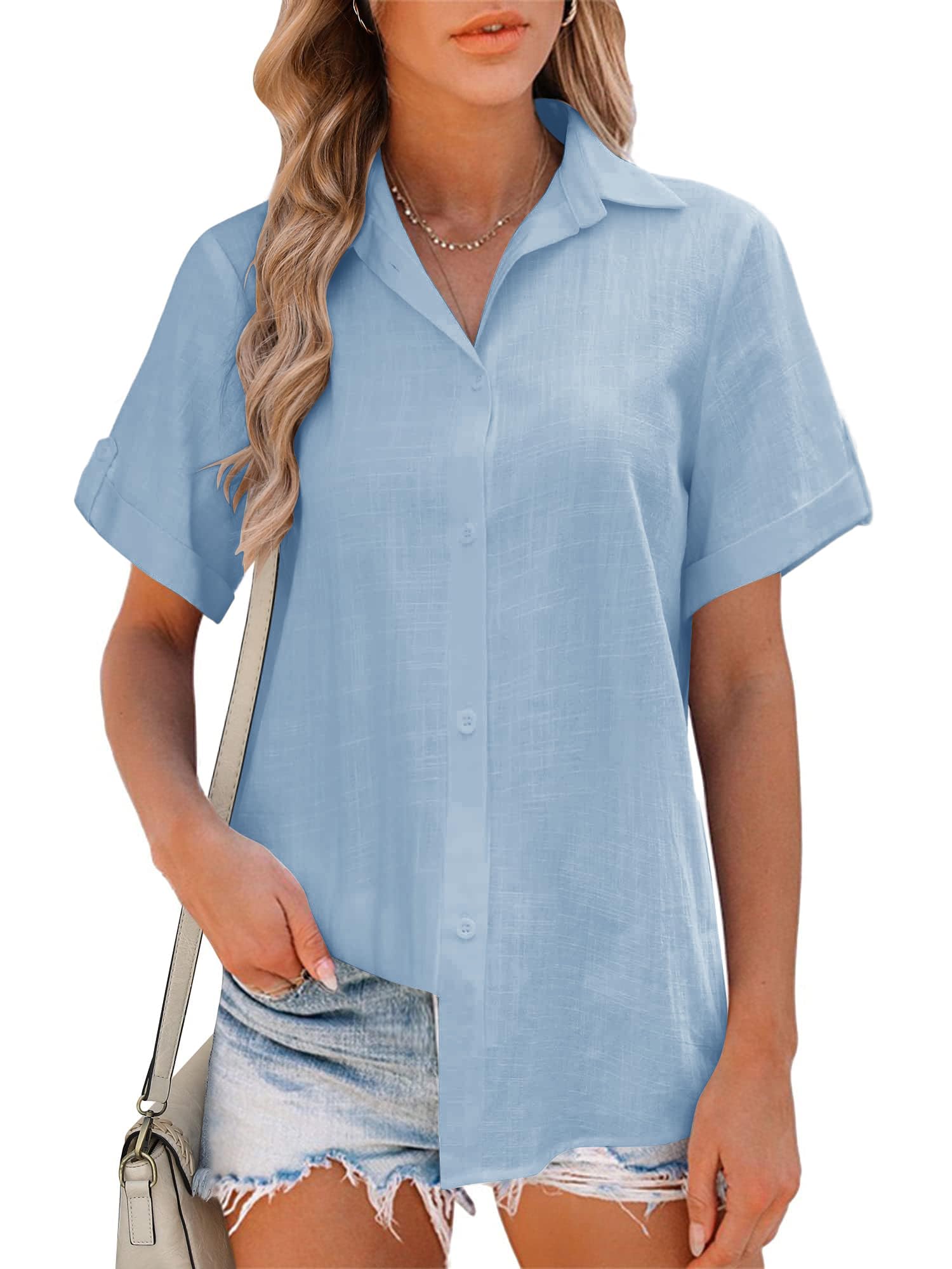 Friptspyg Bluse Damen Sommer Lässiges Kurzarm Hemdbluse V-Ausschnitt 100% Baumwolle Solide Blusenshirt Elegant Oberteile