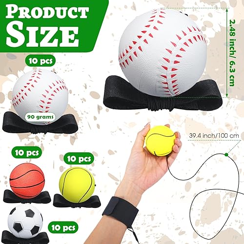 Miniatura 2 de Liliful 40 Pcs Wrist Return Ball on a String 2.48 Inch Rebound Sports Balls with Elastic Strap Rubber Rebound Bouncy Basketball Baseball Soccer