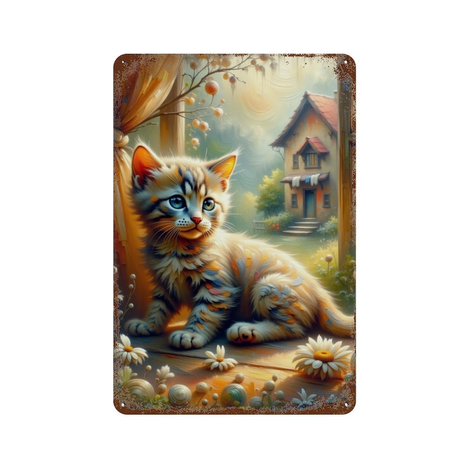 Rust Effect Whimsical Kitten Window View Rusty Metal Tin Sign 11.8"x7.9", Decorative Metal Wall Art for Farmhouse, Kitchen And Entryway Decor