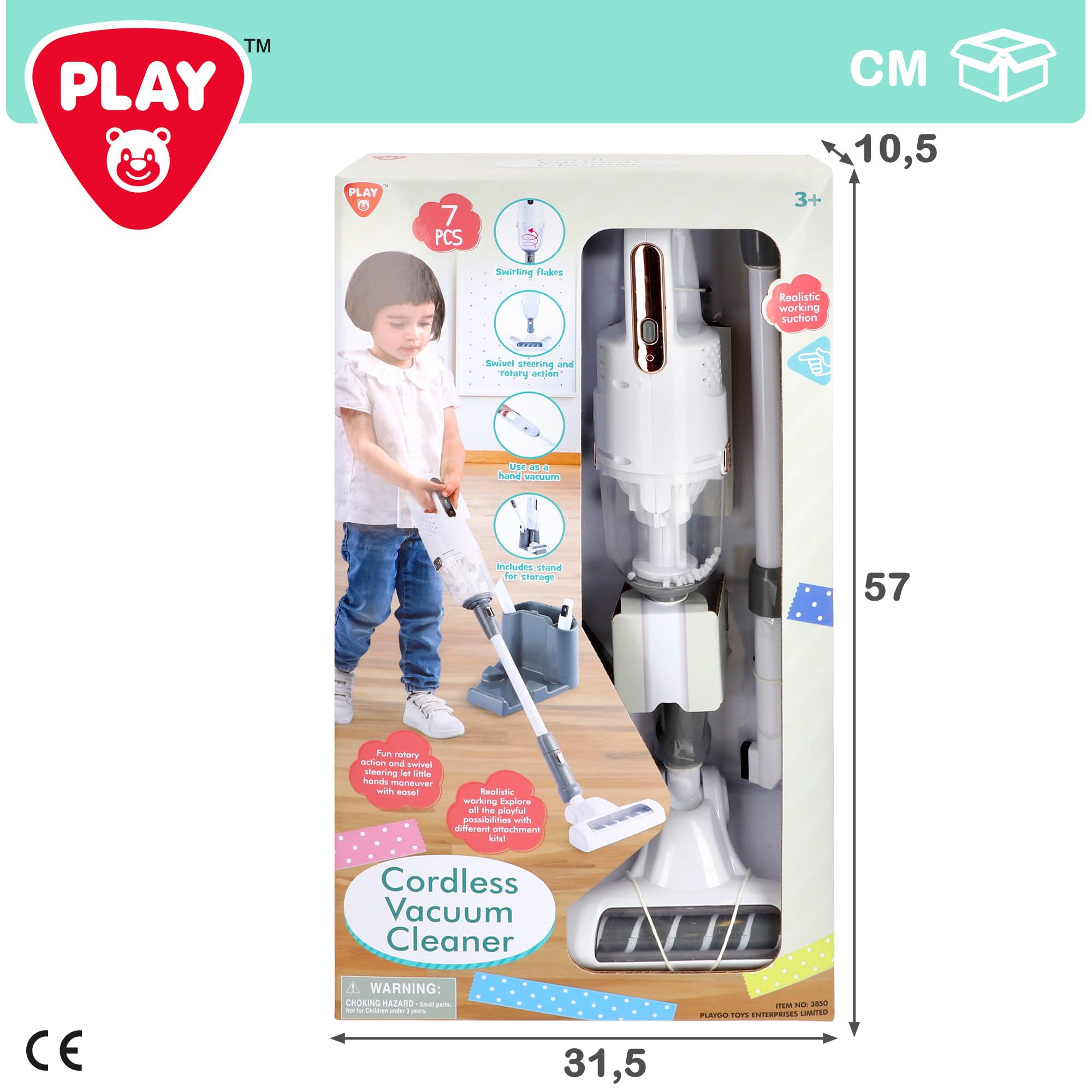 ColorBaby Play Aspirapolvere giocattolo elettrico, senza cavo, con supporto e accessori, set da 7 pezzi, effetto di aspirazione, giocattolo educativo, gioco d'imitazione, per ragazzi e ragazze dai 3