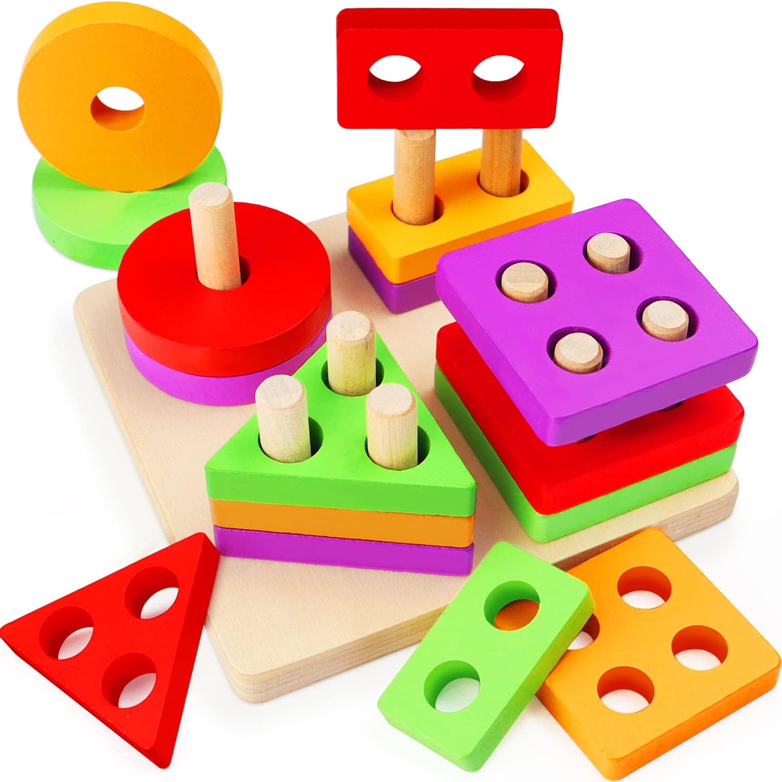 Toddler Toys for 2-4 Year Old Boys Girls, Wooden Montessori Toys Puzzles for Kids Preschool, Shape Color Recognition Sorting and Stacking Geometric Board Blocks for Children, 18 Months Toys Gift