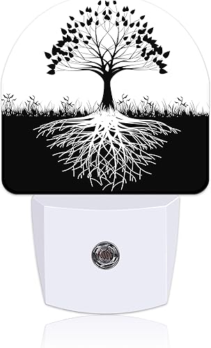 Luces nocturnas enchufables en blanco y negro, árbol de la vida, luz nocturna enchufable a la pared, sensor de atardecer a amanecer, luz nocturna