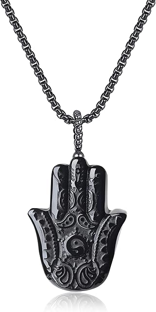 COAI Black Obsidian Stone Hand of Fatima Pendant Necklace