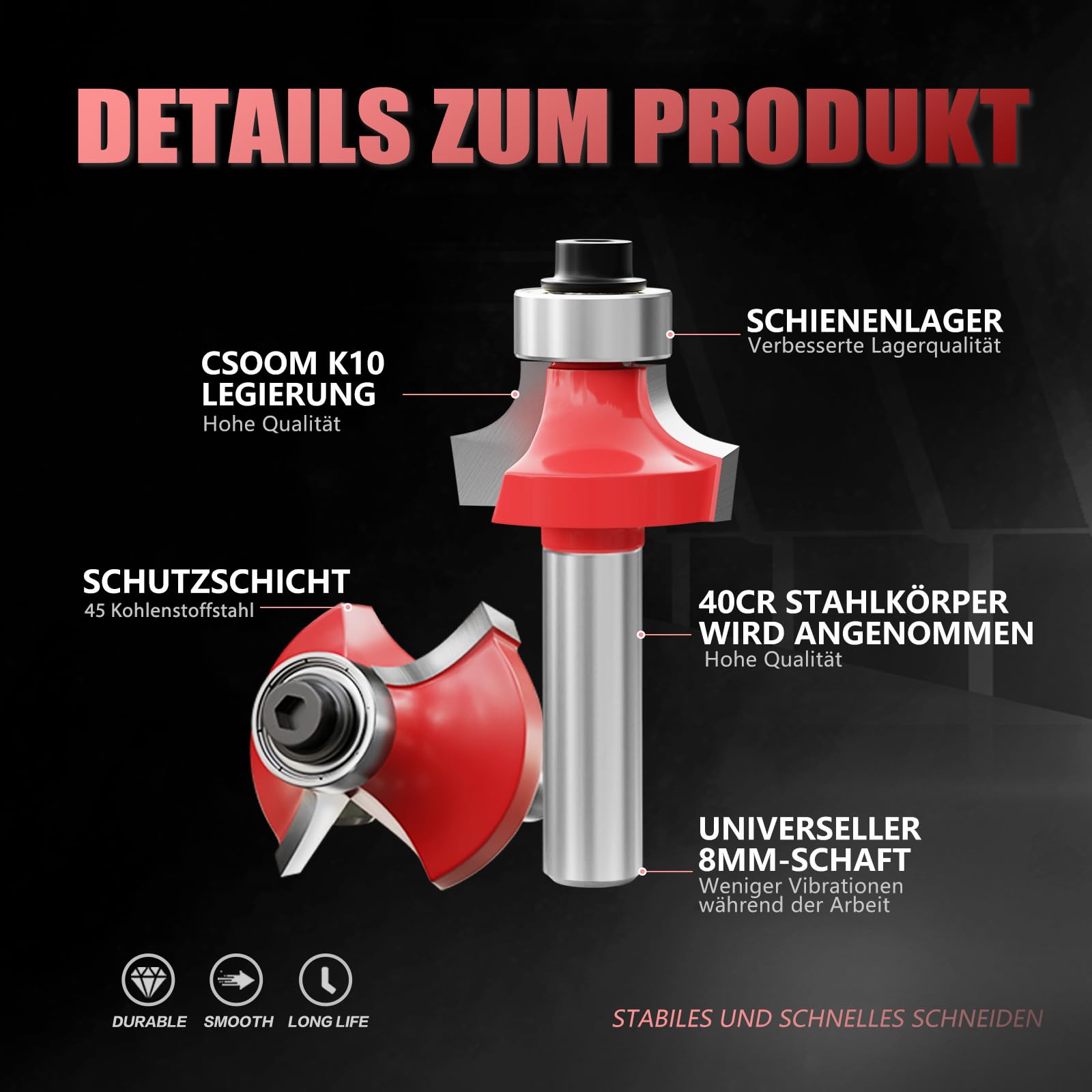 CSOOM 6 Stück 8mm Schaft Abrundfräser Standard Rundfräser Set, Hartmetall Runde Über Fräser Bits Oberfräsen-Bits Kantenfräser Radiusfräser für die Holzbearbeitung
