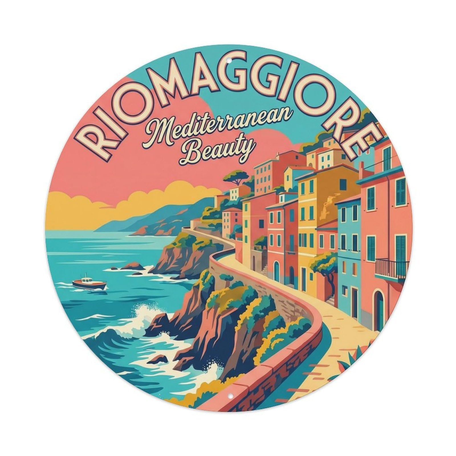 Vintage Travel Italian Fishing Village Metal Tin Sign Plaque Wall Decor for Cafe, Club Bar, Office, Home Garden Round Metal Poster 8x8Inch