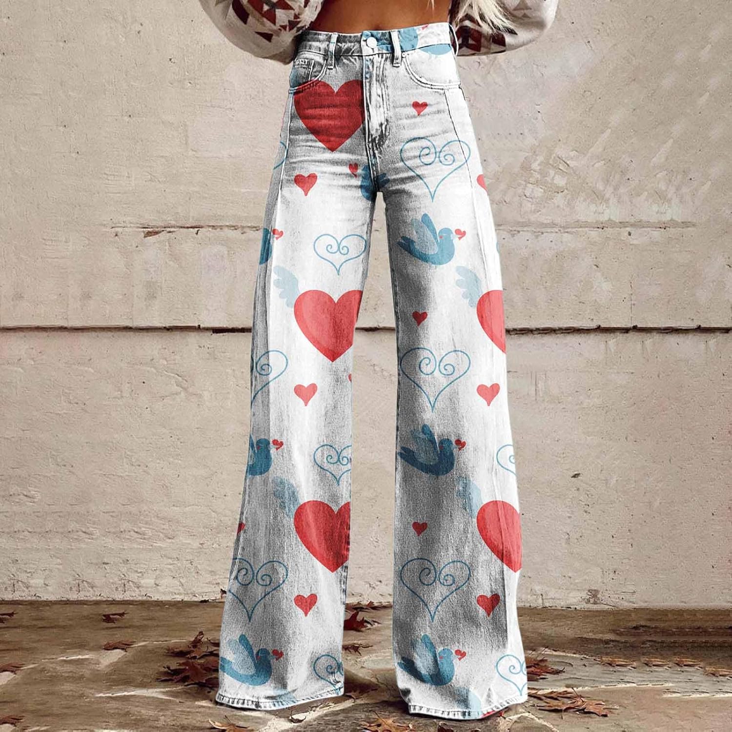 Wide Leg Denim Look Flare Jeans Women Plus Size Stretchy High Waisted Distressed Valentines Heart Jeans for Women - Image 3