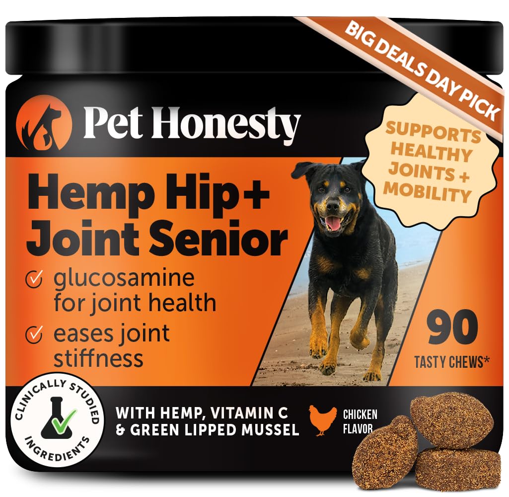 Senior Hemp Hip & Joint Supplement for Dogs - Dog Joint Supplement with Hemp Oil & Powder, Glucosamine, Collagen, MSM & Green Lipped Mussel - Mobility for Senior Dogs (Chicken 90)
