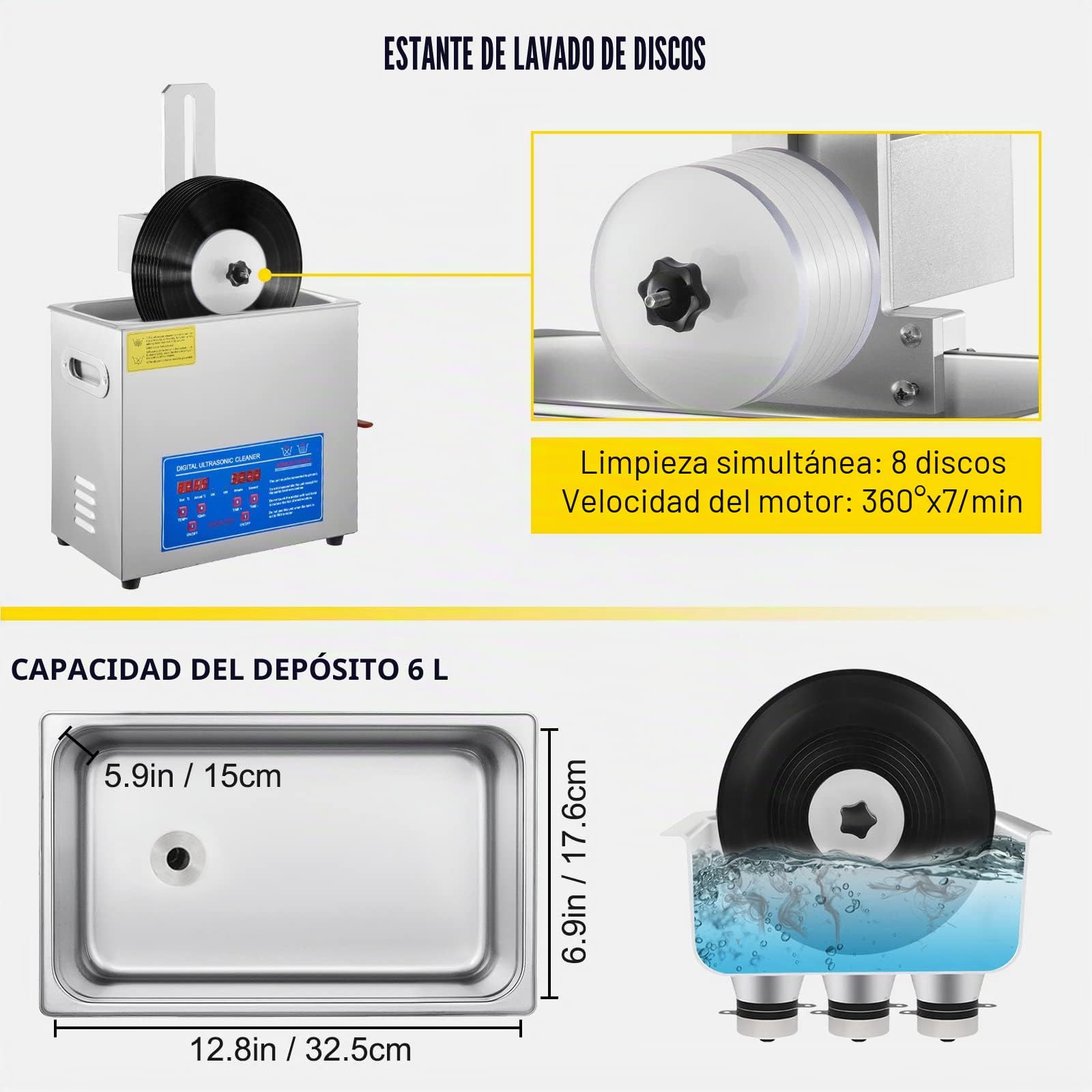 VEVOR Limpiador Ultrasónico 395 x 25 x 325 mm Limpiador Ultrasónico de Vinilo 6 L Máquina de Limpieza Ultrasónica de Vinilo 8 Discos 180W Limpiador Ultrasónico de Discos, Rejilla de Secado para Tienda