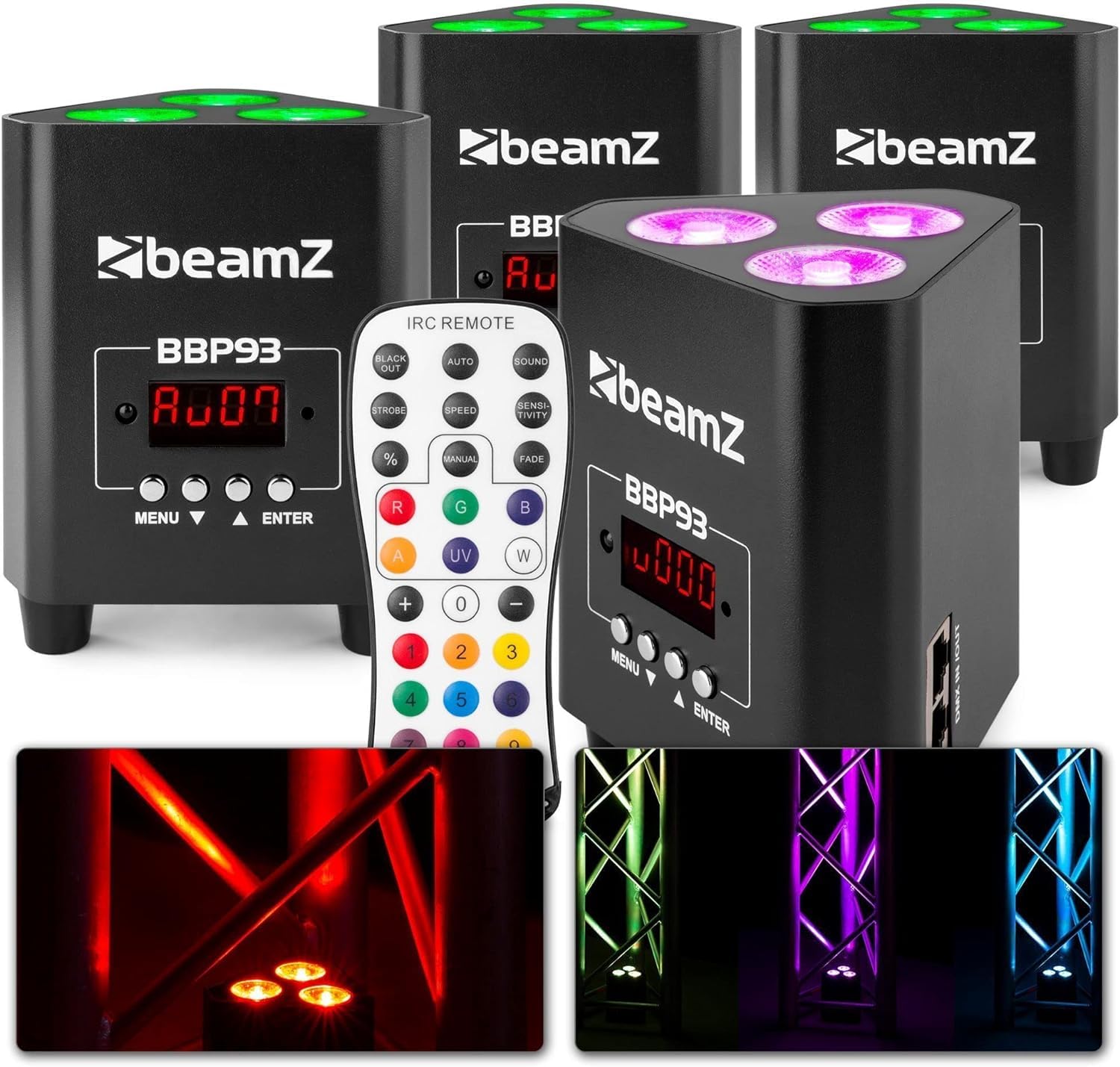BeamZ BBP93 Akku LED Strahler 4er Set Uplight, 3x10 Watt Effektstrahler, RGB LED Spot, Bühnenbeleuchtung, Lichteffekte, Fernbedienung, Disco Licht, Partylicht Musikgesteuert, Ambiente Strahler