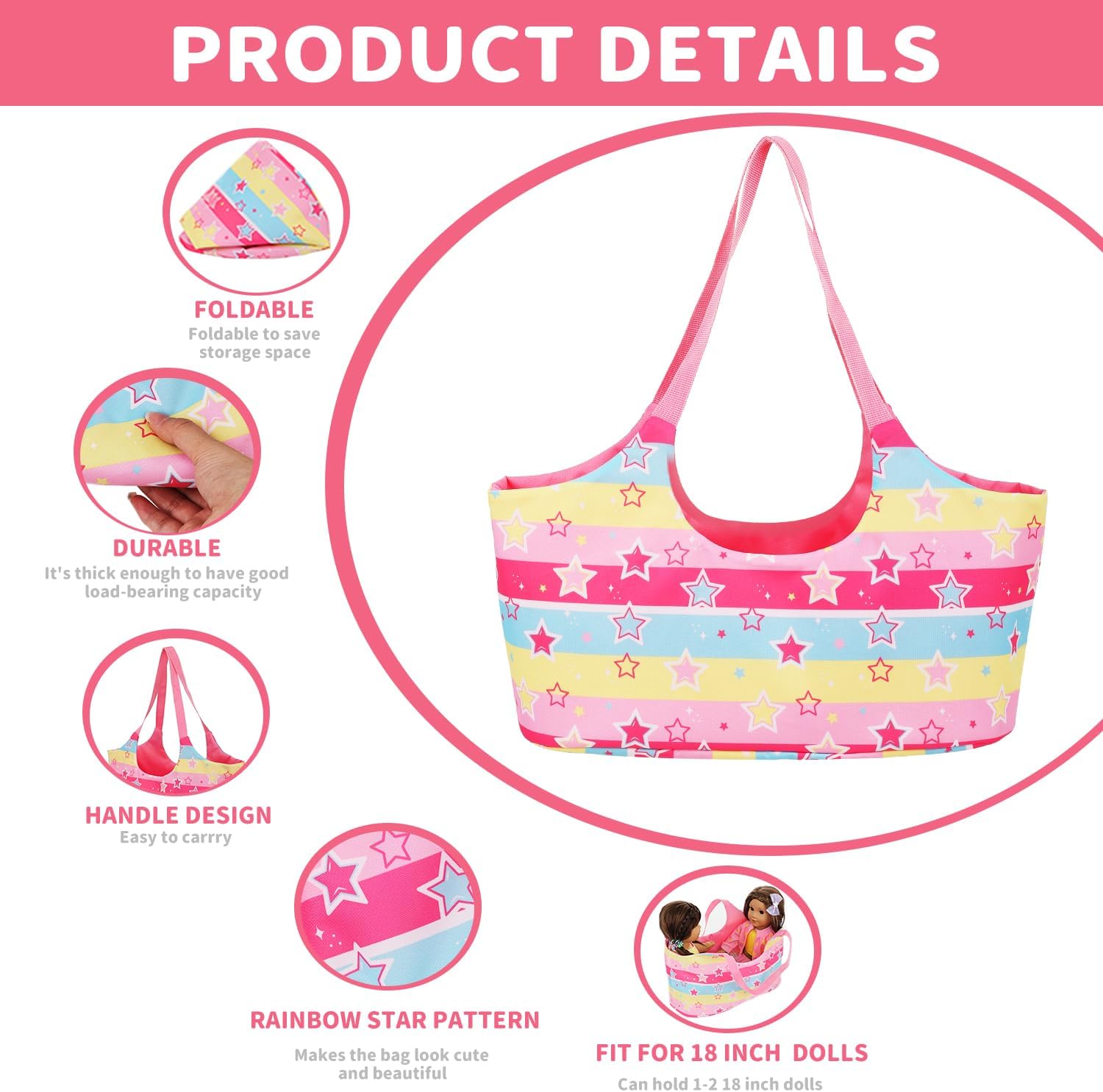 Ecore Fun 18 Inch Doll Accessories Set - 10 PCS Storage Basket Carrier Bag Set for 18" Dolls with Rainbow Dress, 3-Pieces Outfits, Hairpins, 2 Hairties, Sunglasses, Sticker