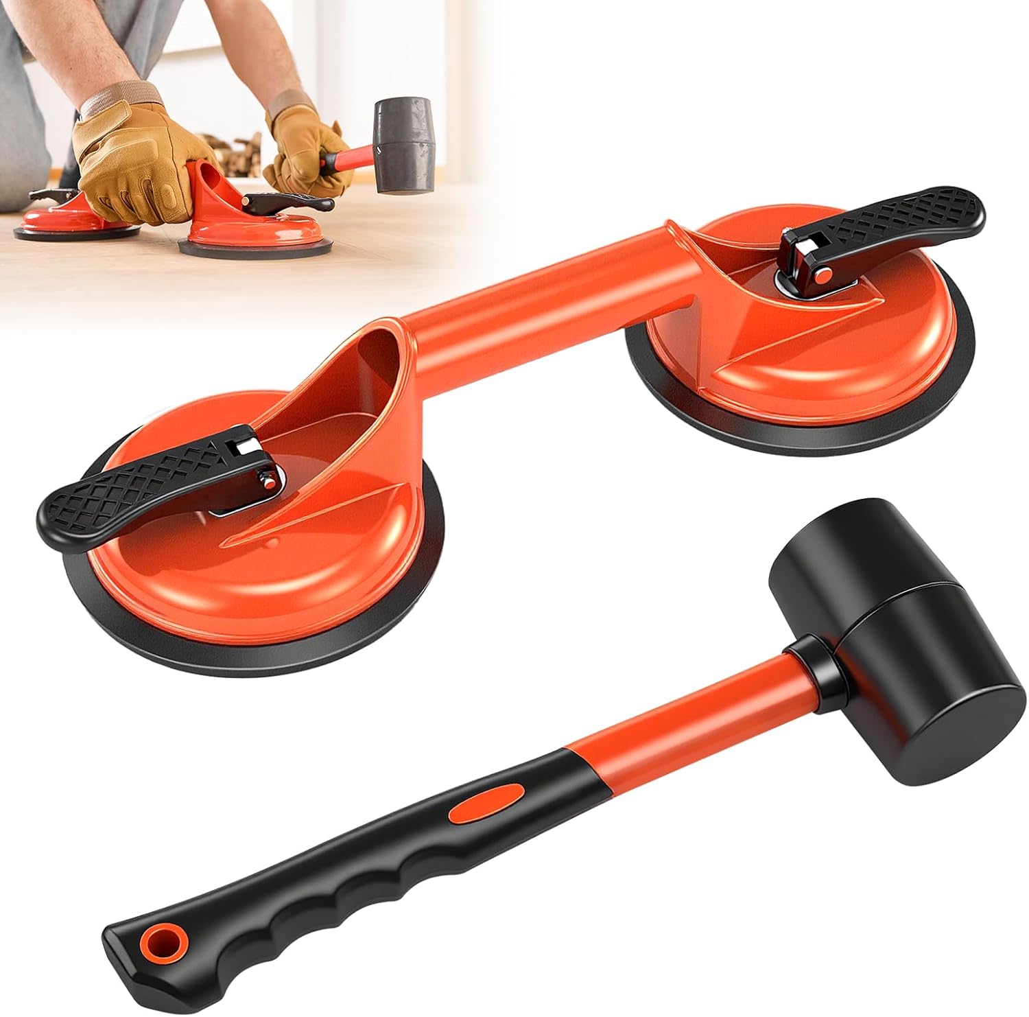 Saker Laminate Floor Gap Repair Tool,Suction Cup Lifter with Rubber Mallet and Wider Heavy Duty Pull Bar,Floor Gap Repair Kit,for Moving Glasses and Floating Wood Floors (Orange)
