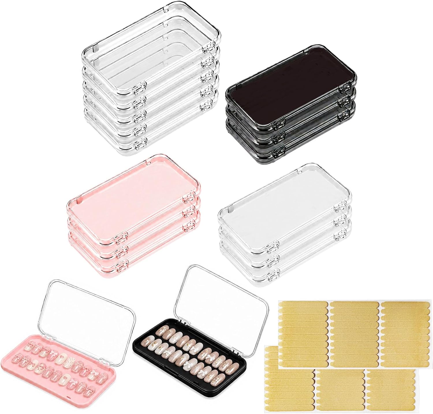 14 Pcs Press On Nail Packaging Box Large, Storage Case for XL-3XL Long Nails, 4 Colors False Display Organizer with 60 Pcs Adhesive Tape, Acrylic Box for Fake Nail Salon & Business Supplies