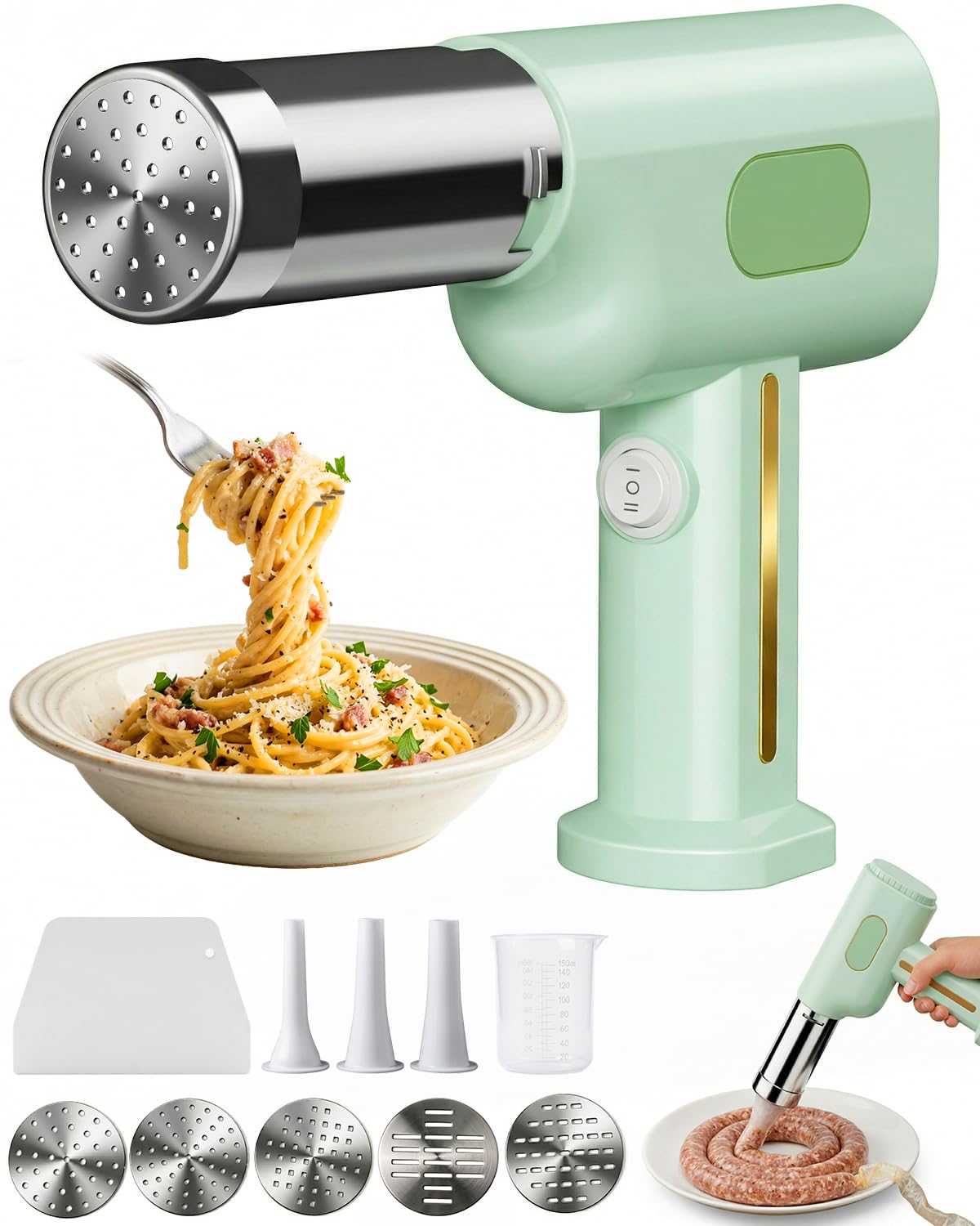 Macchina per la pasta, macchina elettrica portatile per pasta, riempitrice per salsicce, macchina per noodle senza fili all-in-one, con stampi per modellare gli accessori (verde)