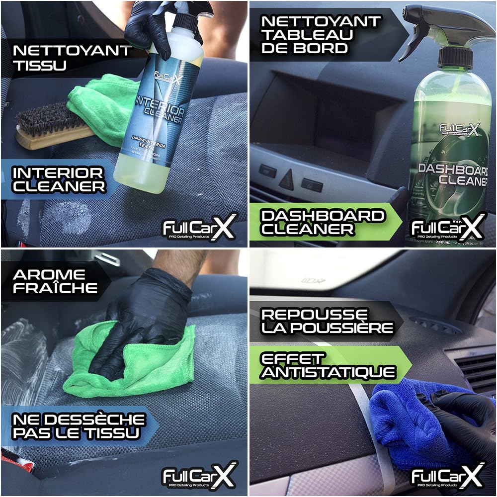 FULLCARX Kit Nettoyage Voiture Extérieur Intérieur Detailing, Nettoyant Jantes, Tissu Cuir, Rénovateur Plastique Tableau de Bord, Shampoing PH Neutre et Alcaline Rose, Cire Carnauba, APC, Vitre Lavage