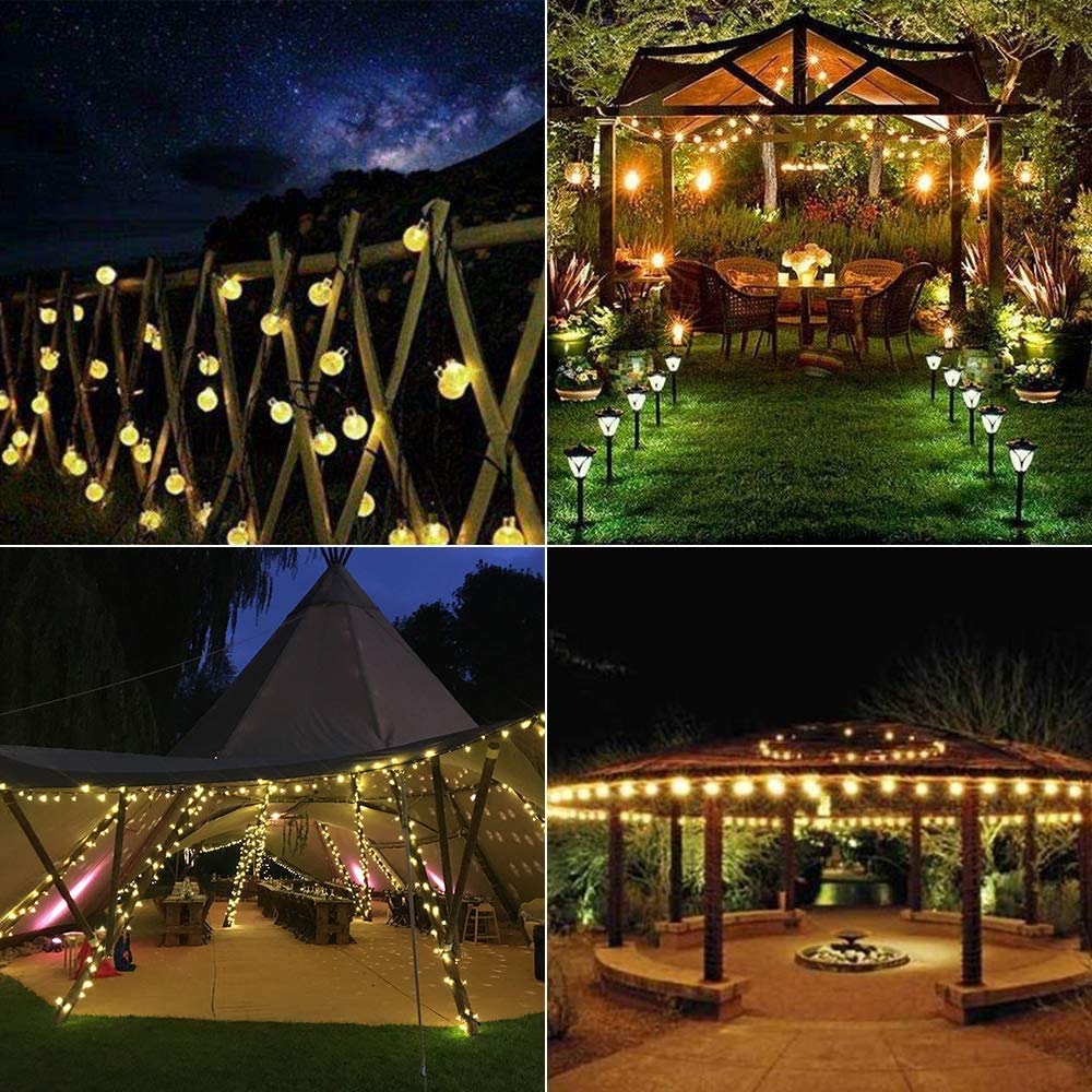 PhilzOps Catena Luminosa Solare Esterno, 6.5M 30 LED Bianco Caldo Luce Stringa Solari 8 Modalità Impermeabile Cristallo Lucine per Esterni Casa Giardino Patio Festa Matrimonio Natale Decorazione