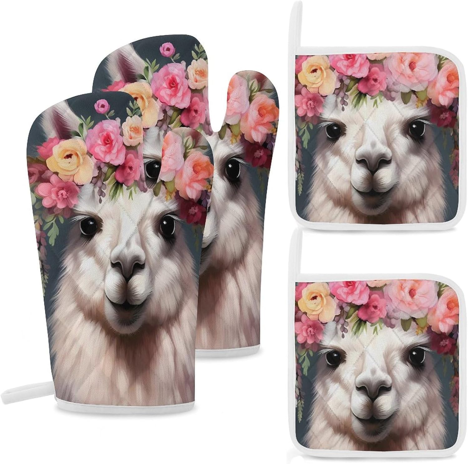 Cute Alpaca 4 Pcs Oven Mitts and Pot Holders Set High Heat Resistant Long Kitchen Oven Glove Potholders