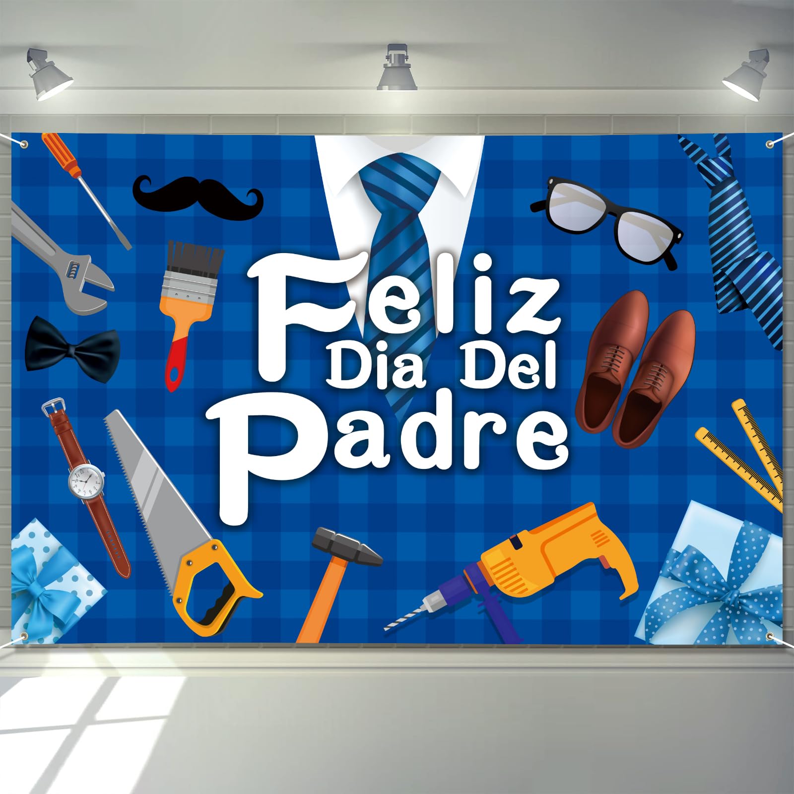 Arosche Feliz Dia Del Padre Decorations Banner 72" x 48" Happy Father's Day Backdrop Suit Tie Tool Fathers Day Party Supplies Photography Background