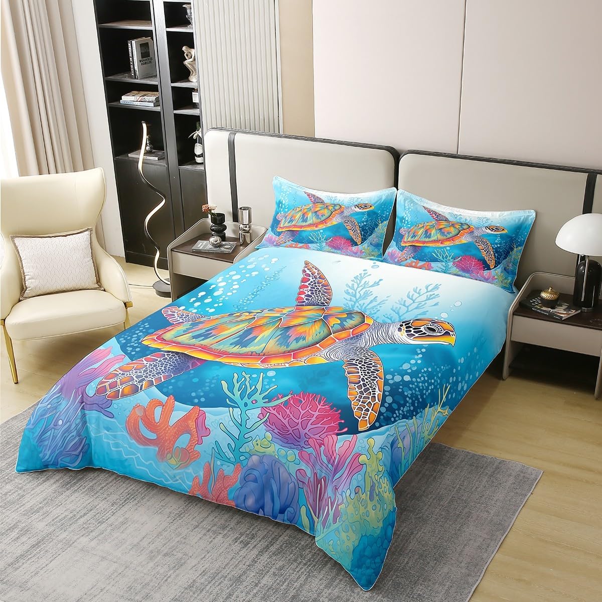 Sea Turtle 100% Cotton Duvet Cover Twin Watercolor Tortoise Bedding Set for Girls Boys Kids Underwater Ocean Life Comforter Cover Cartoon Cute Coral Quilt Cover with 1 Pillowcase,No Comforter