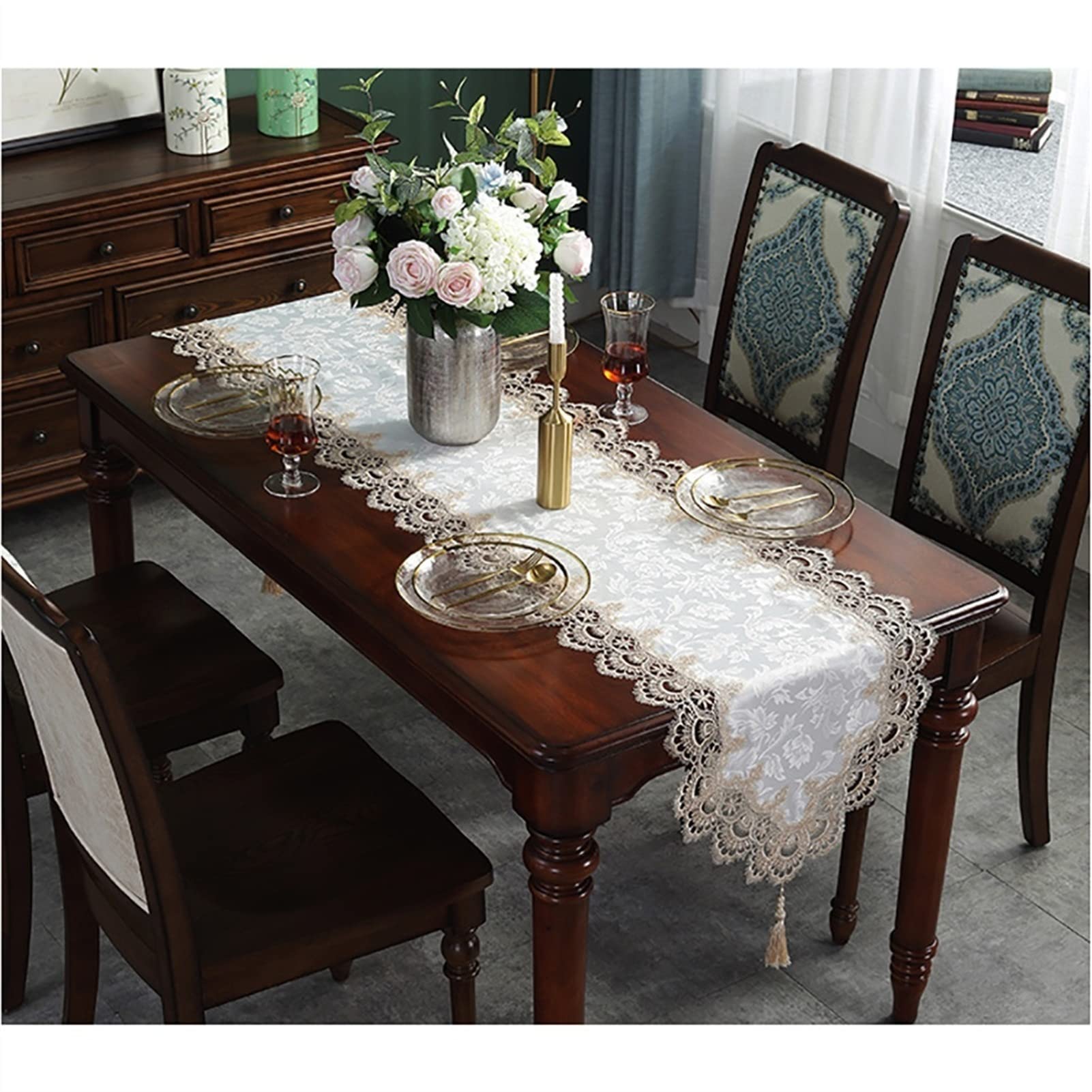 Chemins de Table, Fine Vintage Dentelle Blanc Simple rectangulaire avec Gland Table Basse Tissu Cuisine Maison hôtel Nappe Moderne Mode Coureurs(45 * 220cm)