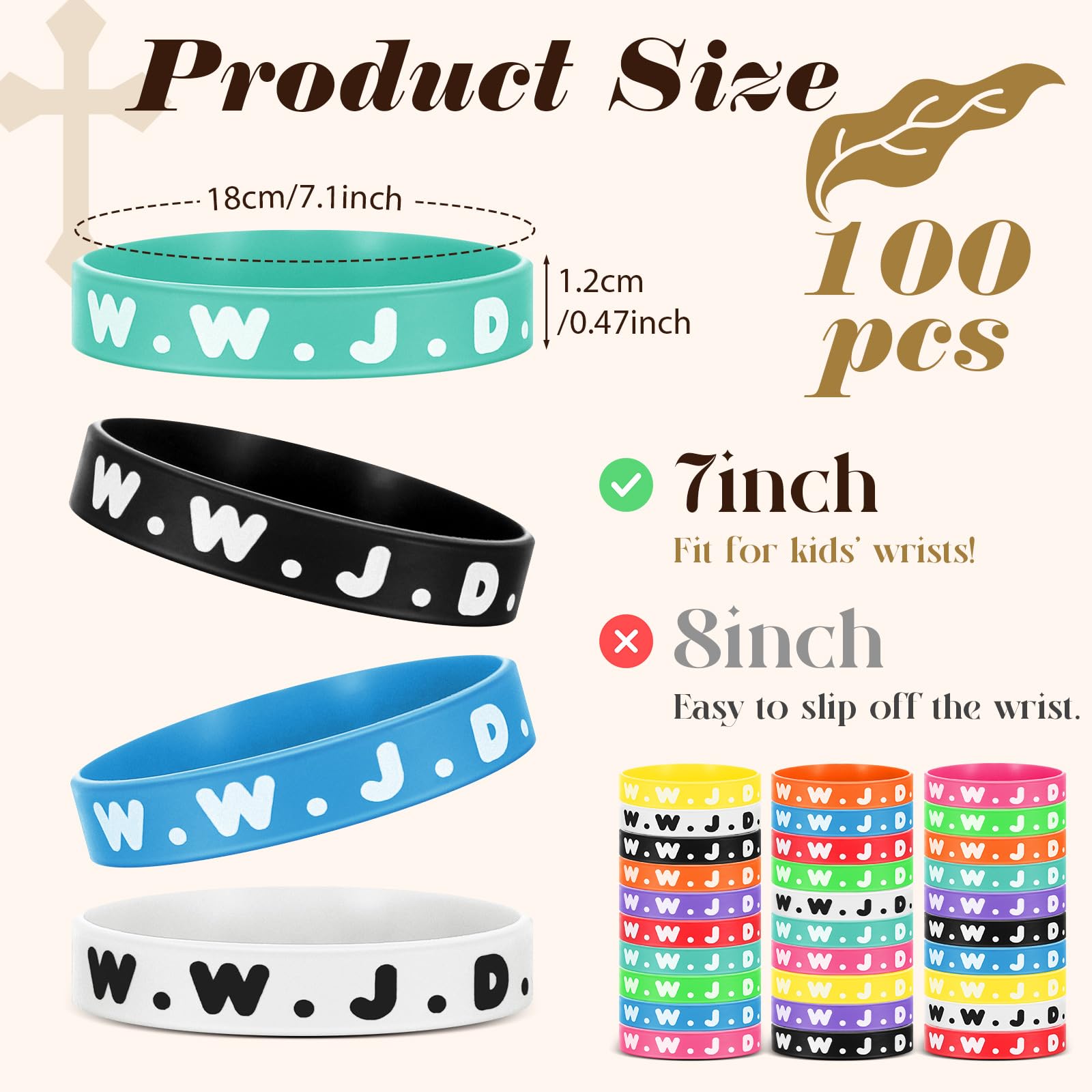Cunno 100 Pcs WWJD Rubber Bracelets for Kids What Would Jesus Do Bracelets Bulk Religious Colorful Inspirational Christian Wristbands Gifts for Teen Kids Church Events Party Favors