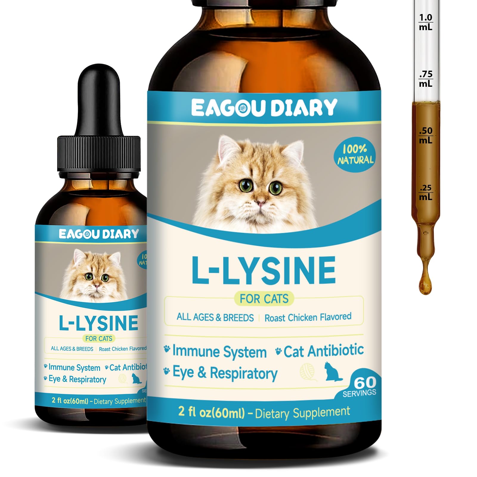 L-Lysine for Cats,Lysine Drops Immune Support Supplement,Sneezing,Cold,Allergy Relief,Runny Nose,Feline Respiratory,Natural Antibiotics for Cats with Colostrum,Taurine (Roast Chicken Flavor/2floz)