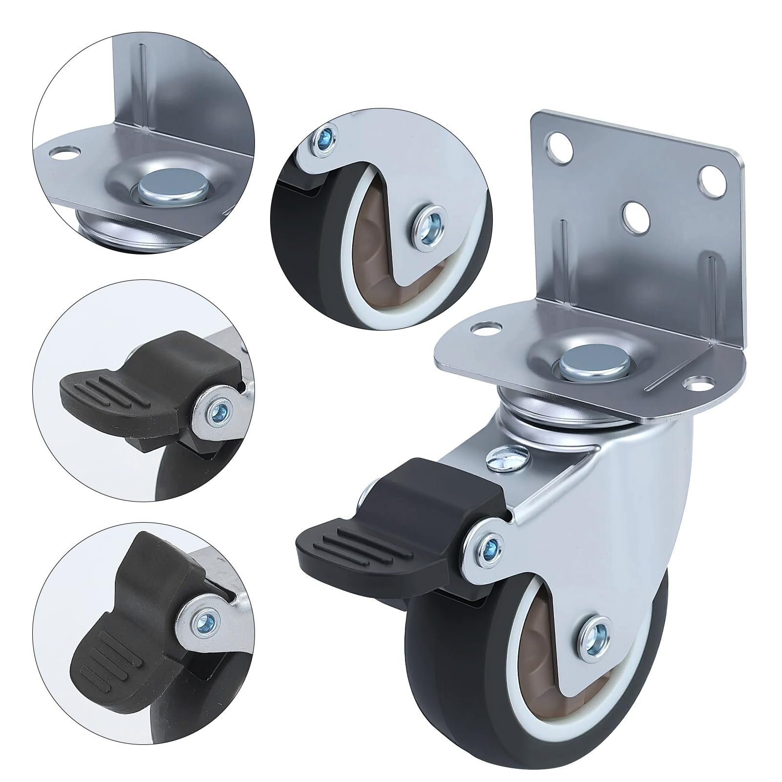 Babybay Lot de 2 roulette de meuble en L avec 2 freins - Roulettes en caoutchouc silencieuses - Pivotantes à 360° pour meubles - Idéal pour support de fleurs, table basse