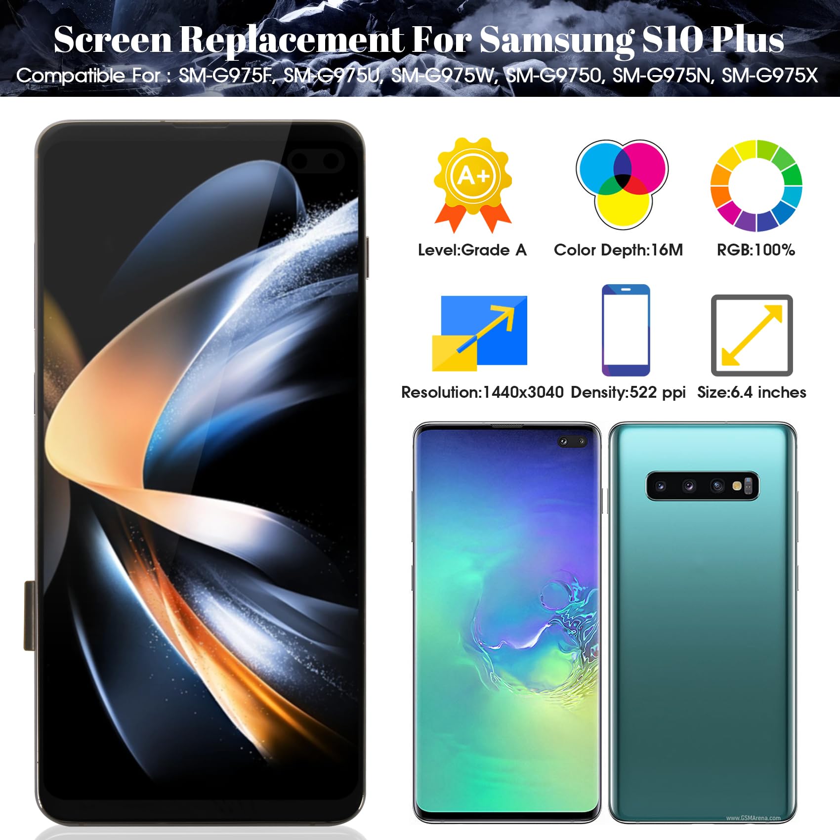 Incell Écran tactile de rechange pour Samsung Galaxy S10+ LCD SM-G975F, SM-G975U, SM-G975W avec cadre (doré, pas de fonction empreintes digitales)