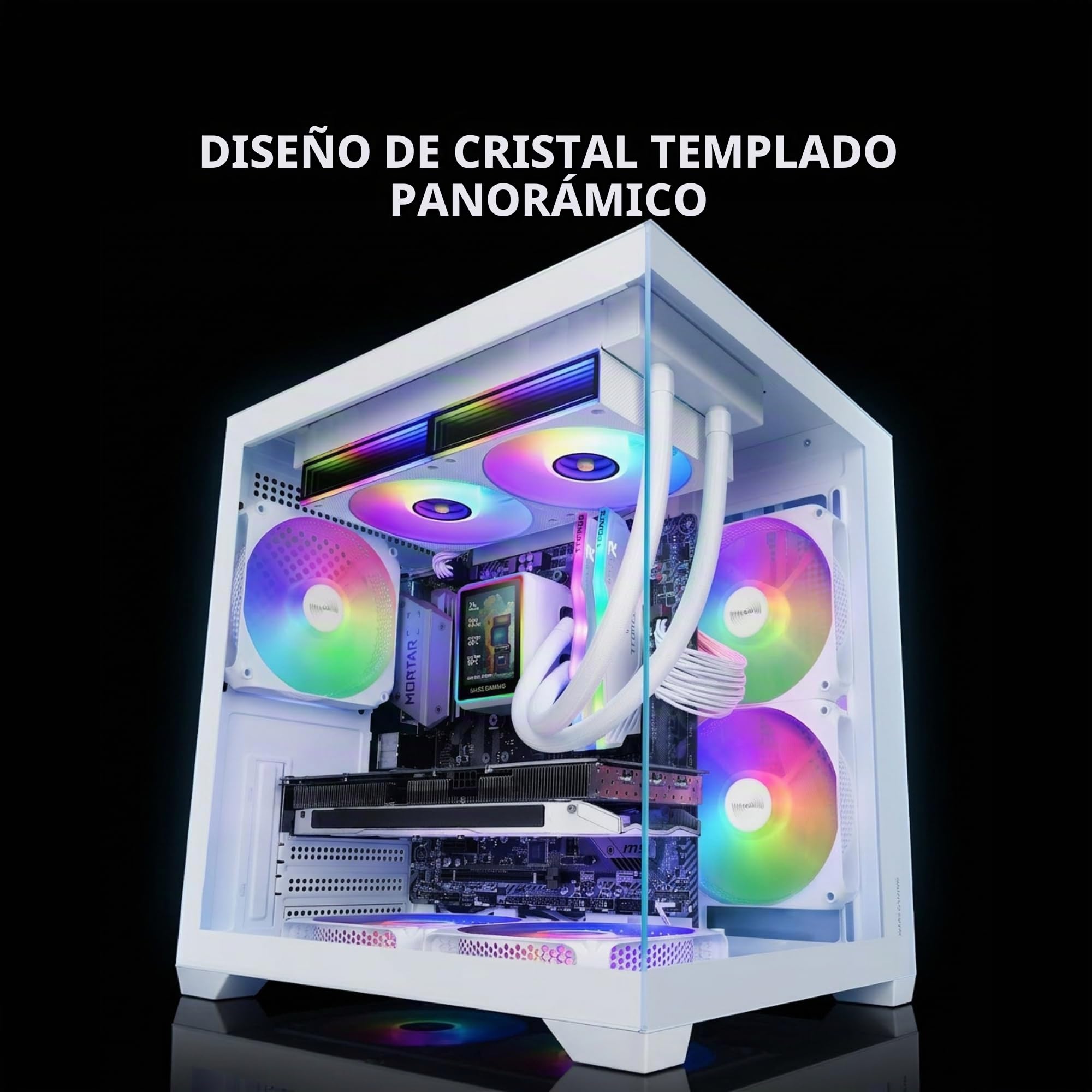 Mars Gaming MC-VIEW3, Caja PC MicroATX, Cristal Templado Panorámico, 3X Ventiladores ARGB 120mm, Doble Cámara, Soporte Refrigeraciones Líquidas hasta 240mm, Minitorre Compacta con USB-C, Blanco