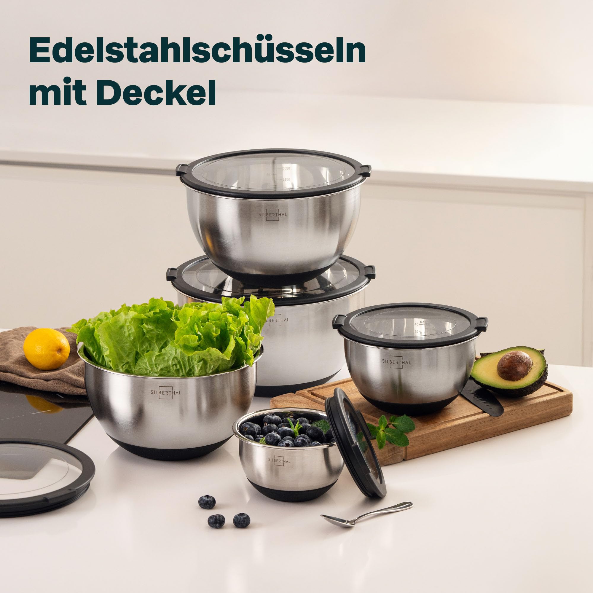 SILBERTHAL Edelstahl Schüssel 5er Set mit Deckel - Rührschüsseln zum Servieren, Kochen, Backen, Aufbewahren - Rutschfester Boden - 5 Stück