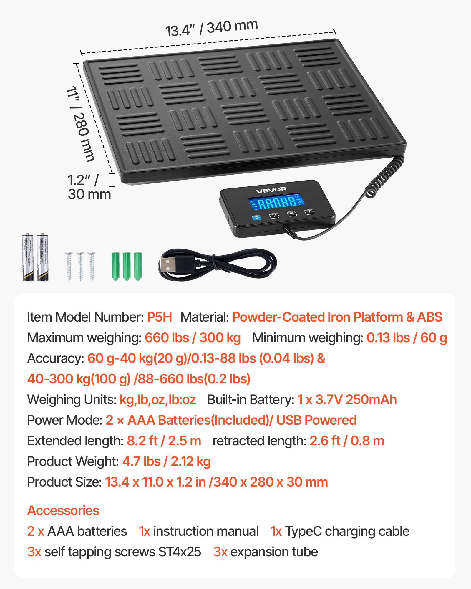 VEVOR Báscula Digital para Paquetes, 20/100 g, Doble Precisión, Plataforma de 300 kg con Función de Tara/Retención y Pantalla LCD, para Paquetes, Envíos y Equipaje, con Batería y Cable de Carga