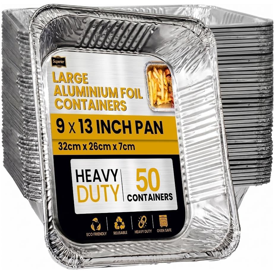 Superior Large Foil Aluminium Trays Pack of 50 – Heavy-Duty Deep Tin Foil Trays 32 x 26 cm Ideal for Cooking Baking Roasting BBQ Meal Prep Storage Tray – Foil Containers for Christmas Parties