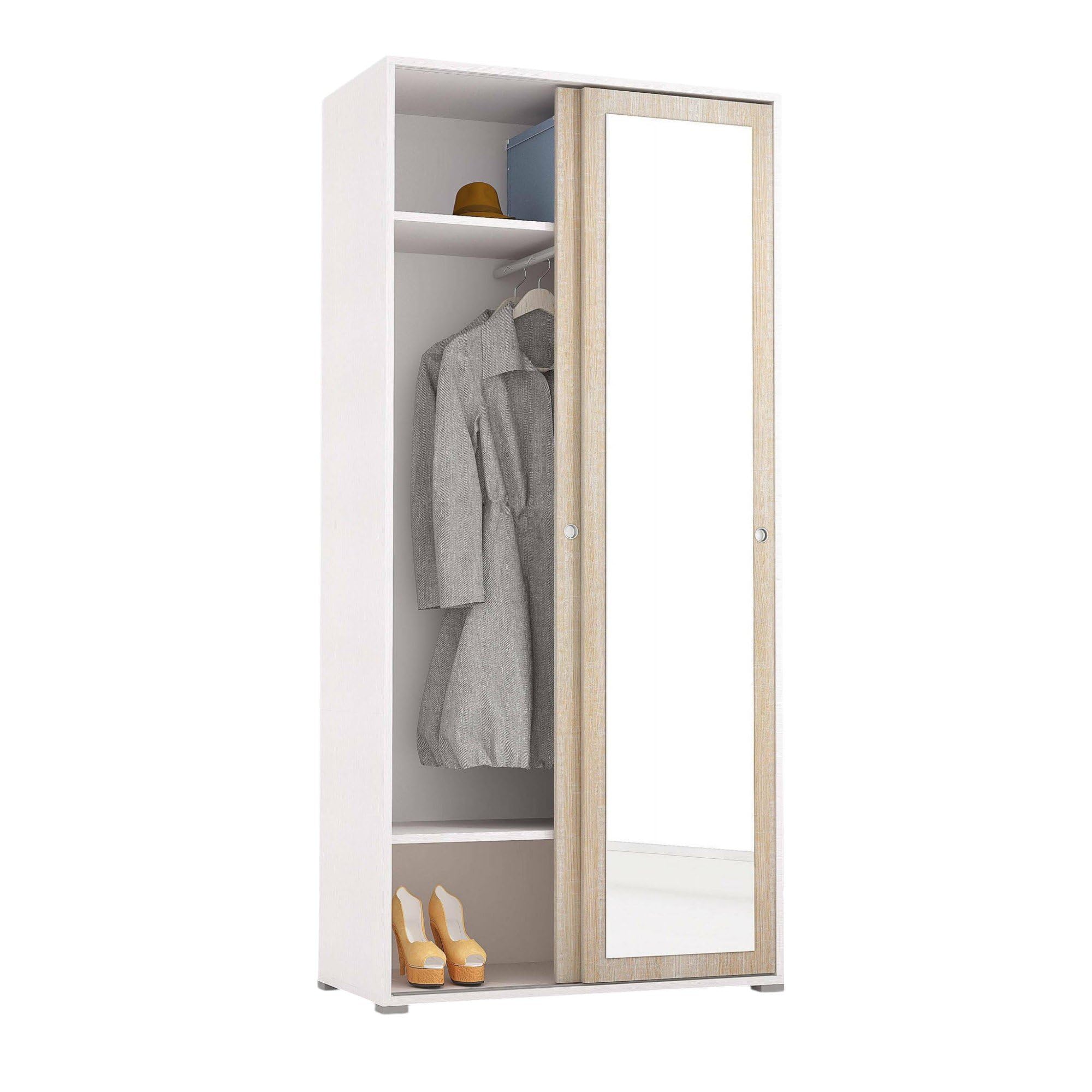 Dmora Guardaroba 2 Ante Tulipano 45x195h cm Marrone Rovere 2 Ripiani Appendiabiti, Armadio Camera da Letto Apertura Scorrevole Made in Italy