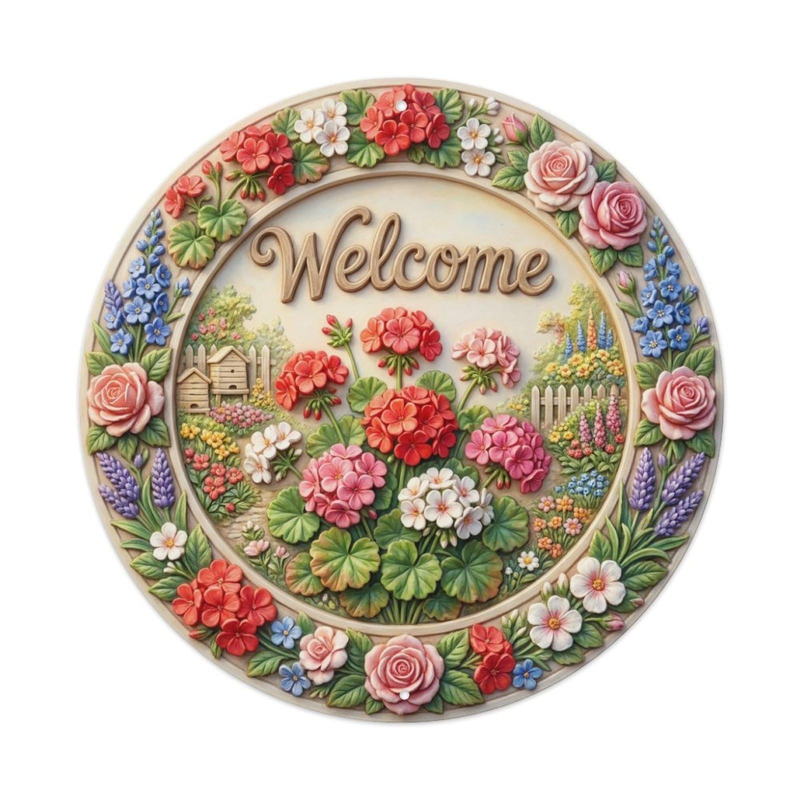 Metal Tin Sign Geranium Bloom Welcome Cottage Garden