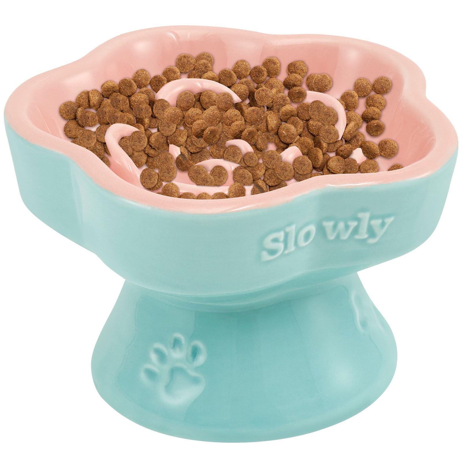 Gatphy Ceramic Raised Slow Feeder Cat Bowl, Tilted Elevated Cat Food Bowl With Non-Slip Base Pet Slow Feeder Bowl For Cats Small Dogs Flower Shaped Cute Cat Feeding Bowls For Dry And Wet Food