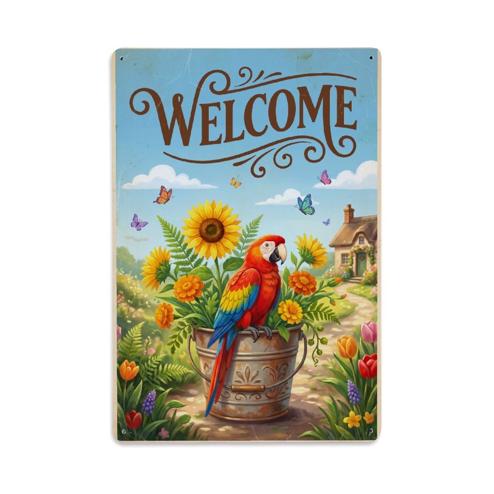 Cxhjca 8X12inch(20X30cm) Vintage Welcome Parrot Backyard Bliss Metal Tin Sign