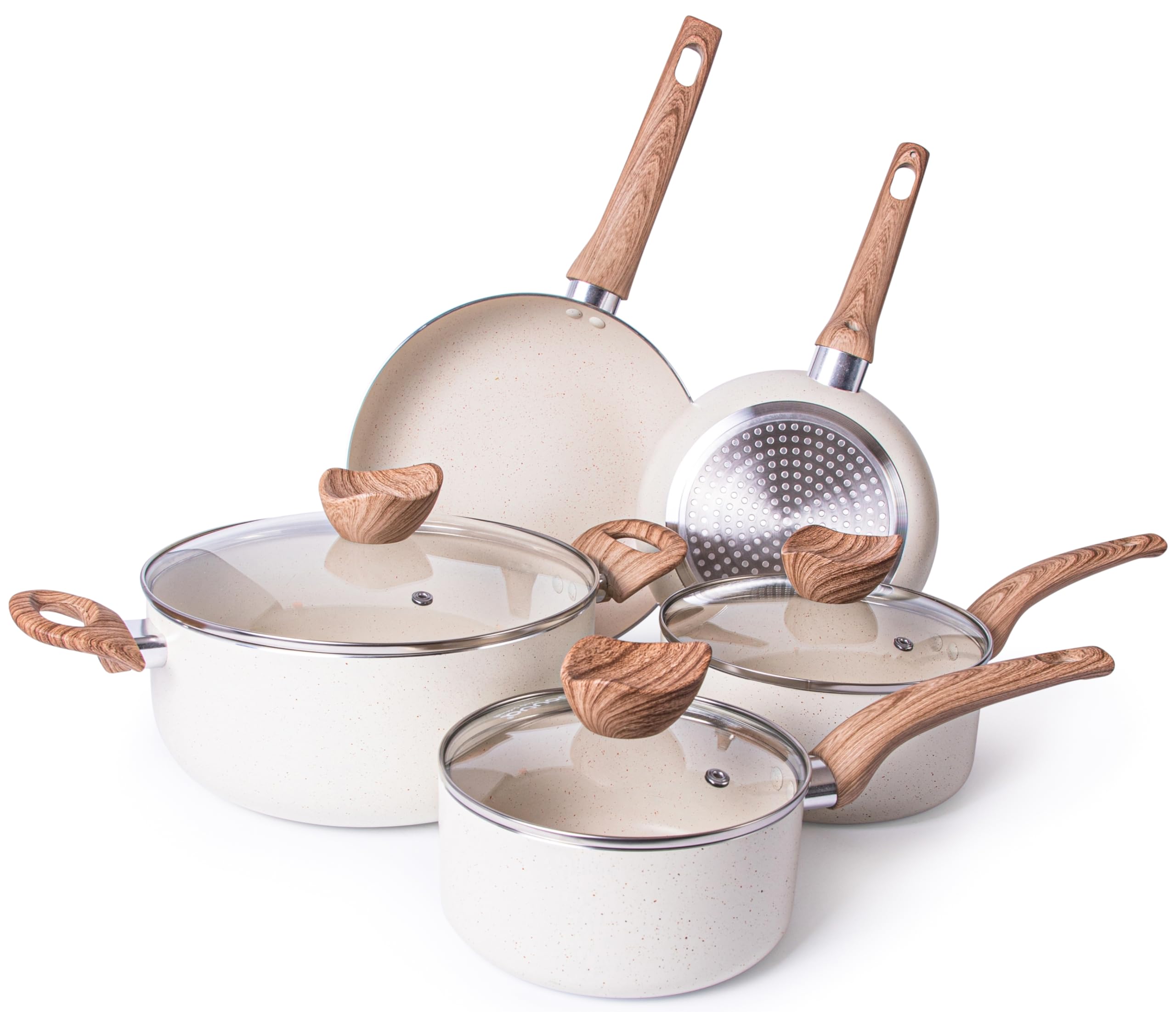 nuovvaNon Stick Pots and Pans Set – Induction Hob Pot Set – 8pcs Kitchen Cookware with Lids – Cooking Cream Granite Saucepan Pots and Frying Pans – by