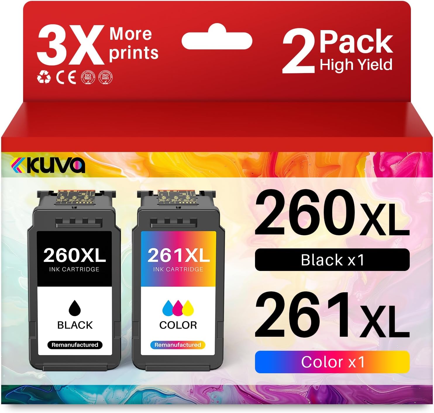 Kuva 260XL 261XL Ink Cartridge Replacement for Canon 260 and 261 Ink Cartridges, PG-260 CL-261XL Compatible with Canon PIXMA TS6420a TS6420 TS6400 TR7020a TR7020 TR7022 TS5300 TS5320 Printers（2 Pack）