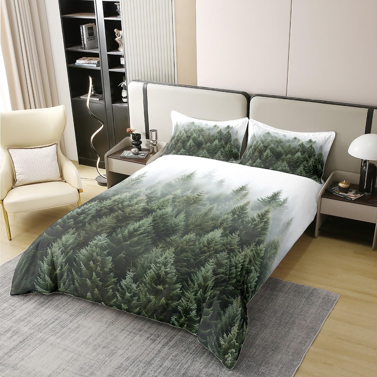 100% Baumwolle Woodland Bettbezug 155x220,Bäume Natur Nebelige Schlafzimmer Dekor Tröster Abdeckung,Botanische Berge Bettwäsche Set für Schlafzimmer,Grüne Weiße Pflanzen Jungen Mädchen Bettbezug