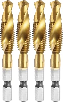 sourcing map 4pcs Combination Drill and Tap Bit, Metric M10 x 1.5 Thread 1/4" Hex Shank, Titanium Coated Threading Screw Taps Spiral Flute Tapping Tool, High Speed Steel HSS 4341