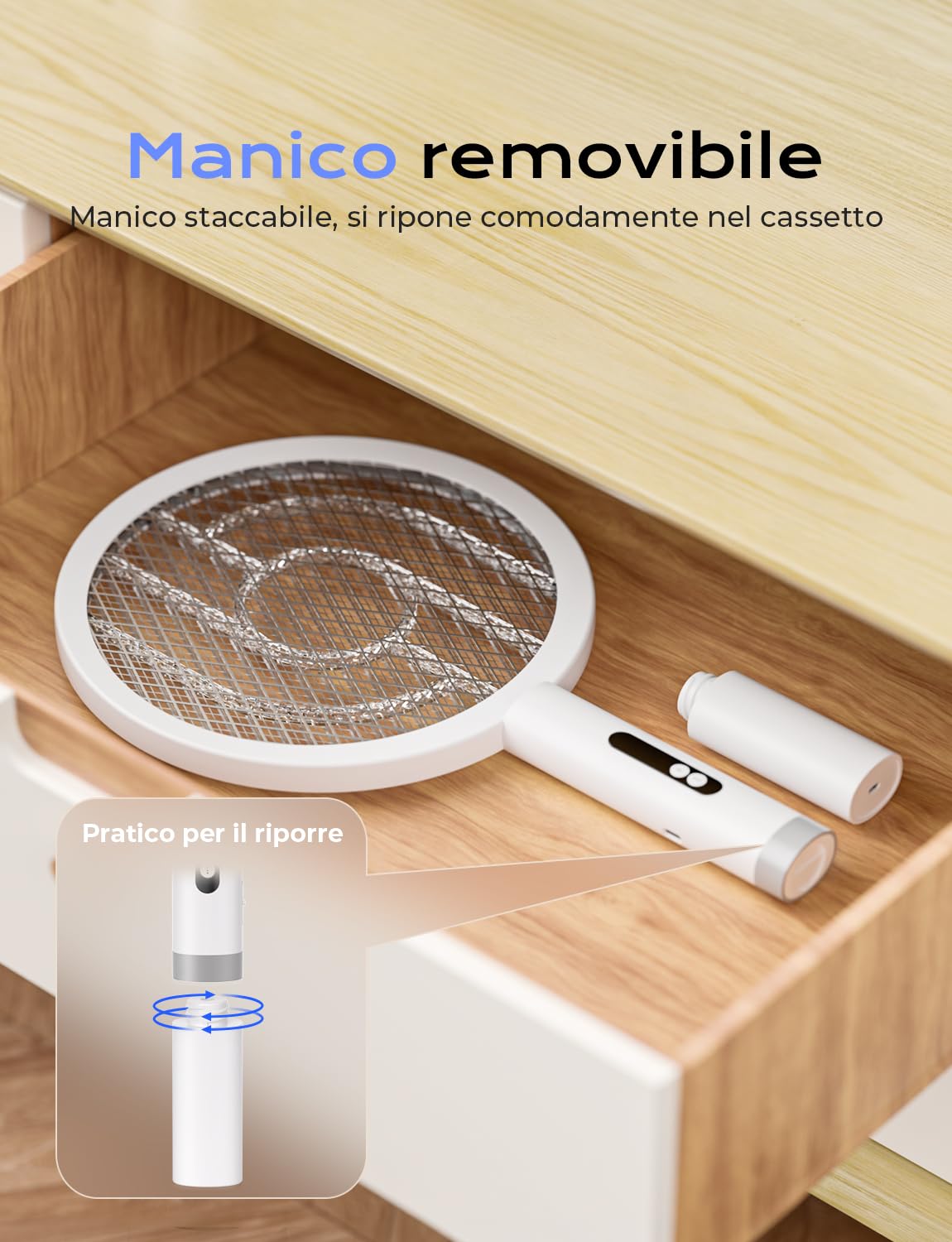 YISSVIC Racchetta Zanzare Elettrica, Racchetta Anti Insetti, 1800mah, Paletta Potente 4000V, Base Ricaricabile, Ricarica USB-C Contro Zanzare, Falene Volanti, Bianco