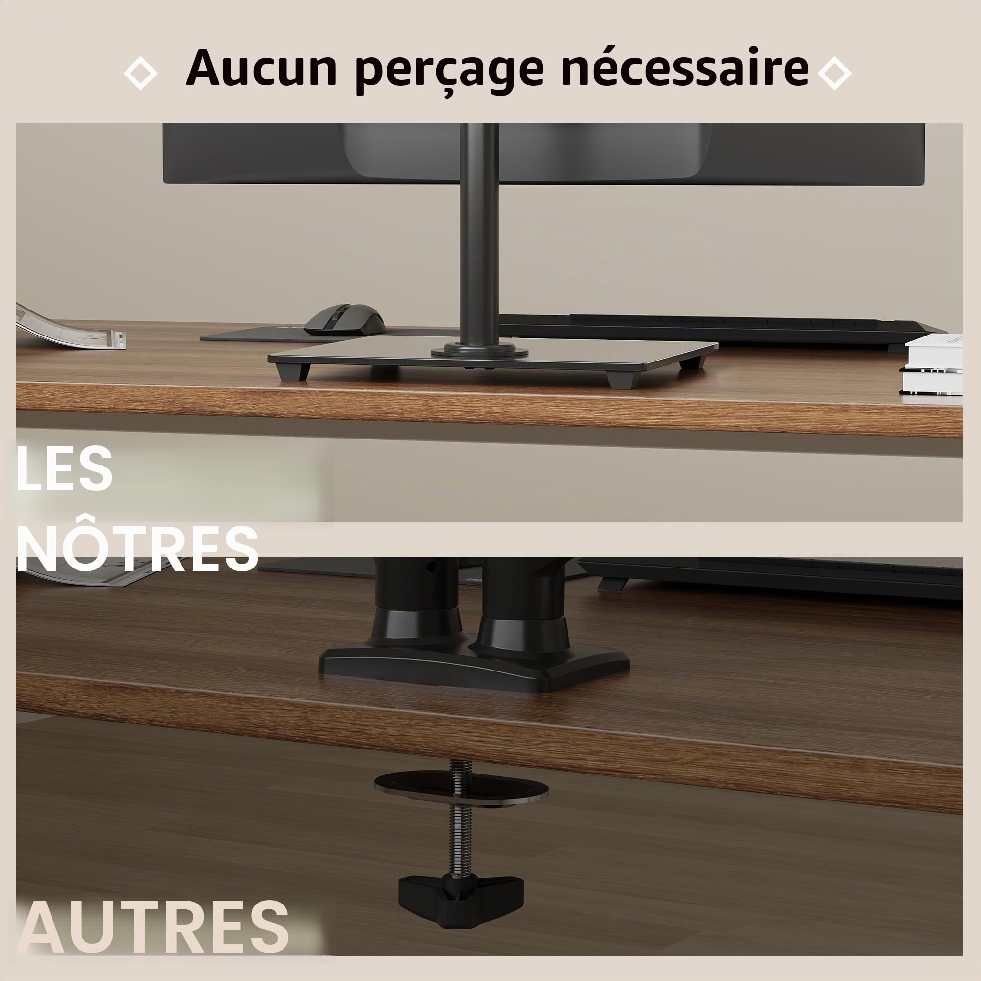 BONTEC Support Écran 13-32 Pouces, Bras Réglable Moniteur Plat/Incurvé, Socle Verre Trempé, Inclinaison ±75°, Pivotement ±80°, Rotation 360°, Max 10kg, VESA 75/100mm