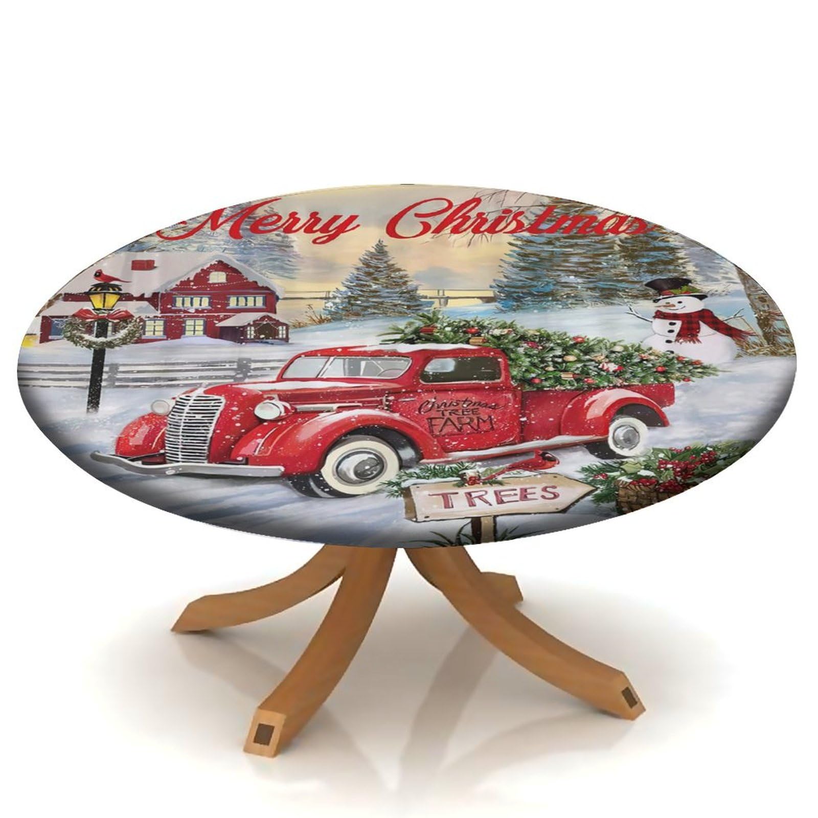 SLLART Round Fitted Polyester Tablecloth, Christmas Truck Elastic Edge Home Decorative Table Clothes, Splashproof Washable Fabric Table Clothes for