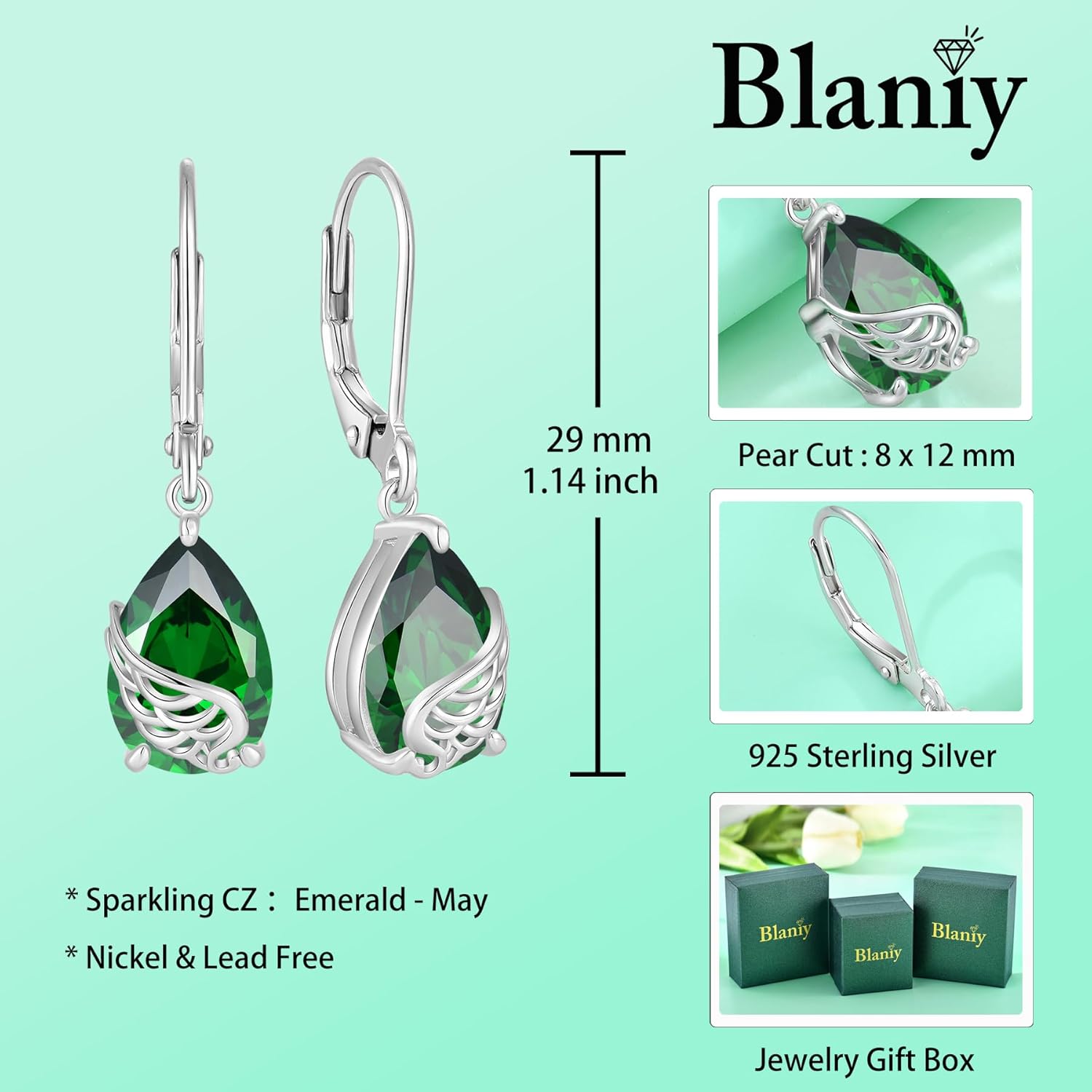 Guardian Angel Wings Dangle Drop Earrings 925 Sterling Silver Teardrop Leverback Earrings Birthstone Jewelry Gifts for Women