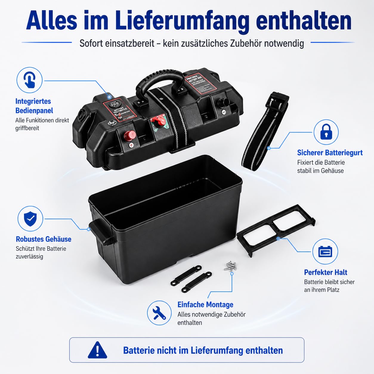 NEMAXX® BB260 Skrzynka akumulatora 12V z woltomierzem, wyłącznikiem głównym, gniazdem 12V, 2x USB, wyłącznikiem 16A, biegunami plus/minus oraz pasem mocującym – do kempingu, łodzi, kampera i offgrid